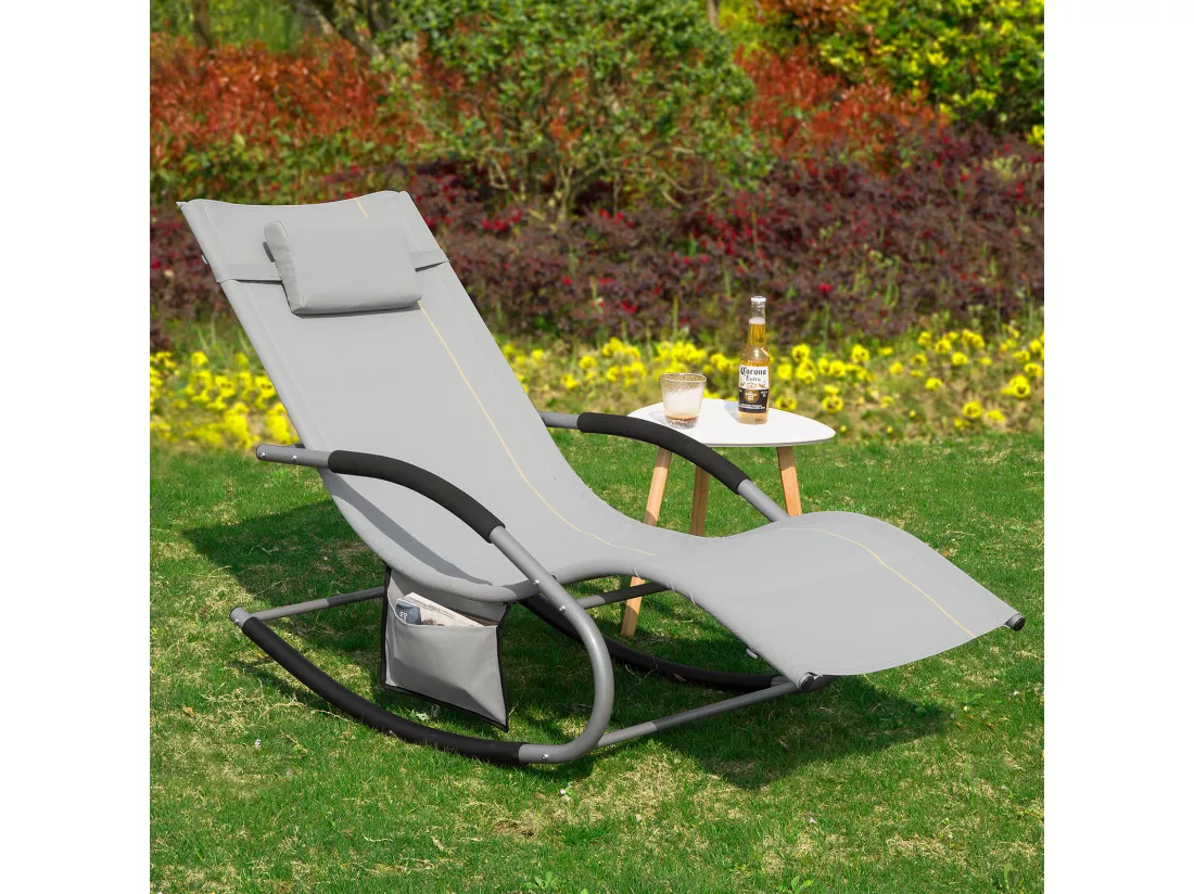 SoBuy OGS28-HG x2 Lot de 2 Bain de Soleil Chaise Longue Fauteuil à Bascule avec Appui-tête et Pochette et Repose-Pieds