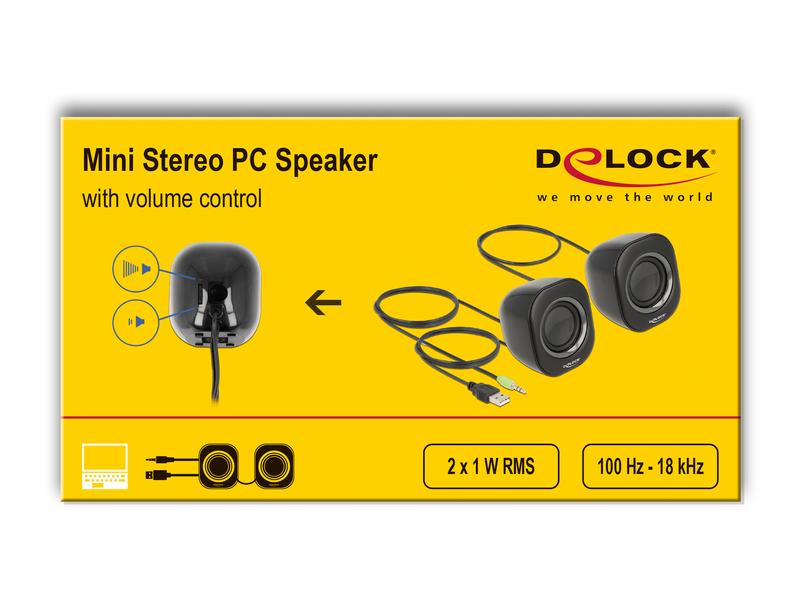 Delock PC-Lautsprecher Mini Stereo 3.5 mm Klinke, USB-Strom Delock Mini Stereo PC Lautsprecher mit 3.5 mm Klinkenstecker und USB Stromversorgung