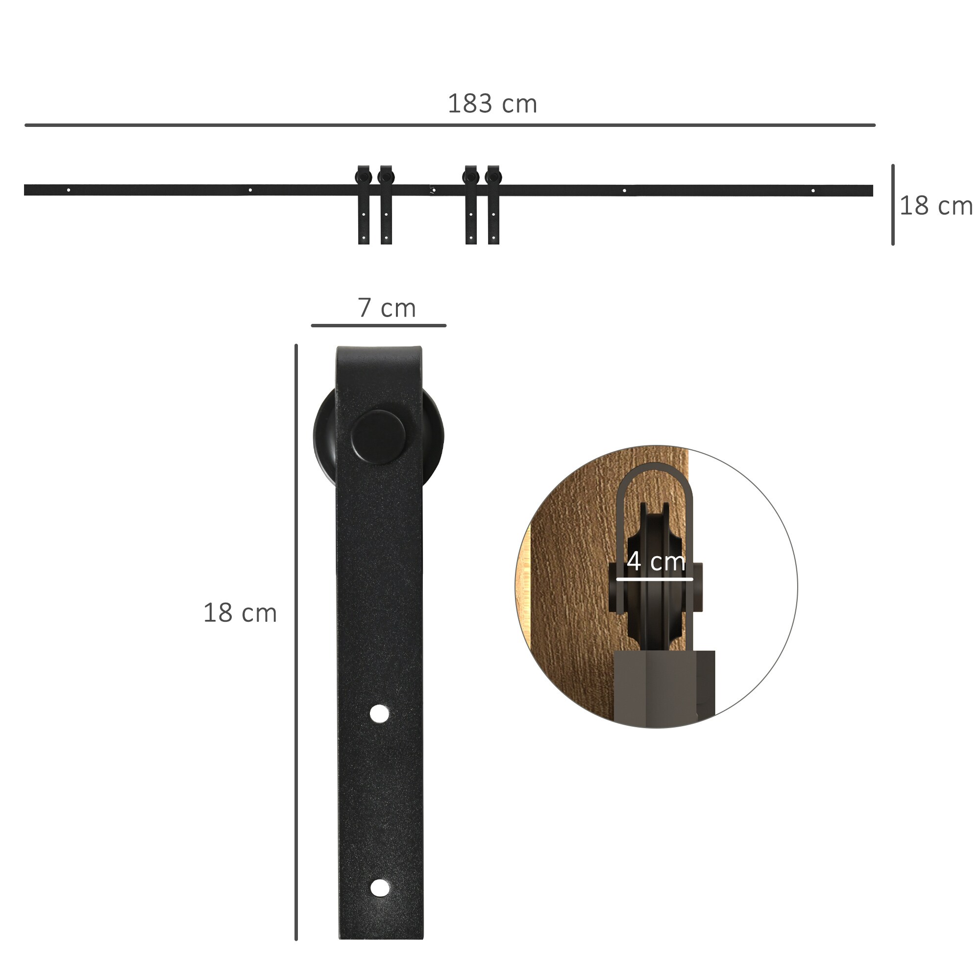 HOMCOM Schiebetürsystem Geeignet für Schrank, TV-Stände und mehr, Schiebetür-Kit, Geeignet für verschiedene Türpaneele Schwarz 183 x 0,6 x 18 cm (BxTxH)
