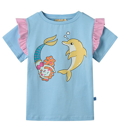 Småfolk T-Shirt - Soft Sky m. Meerjungfrau und Delphin