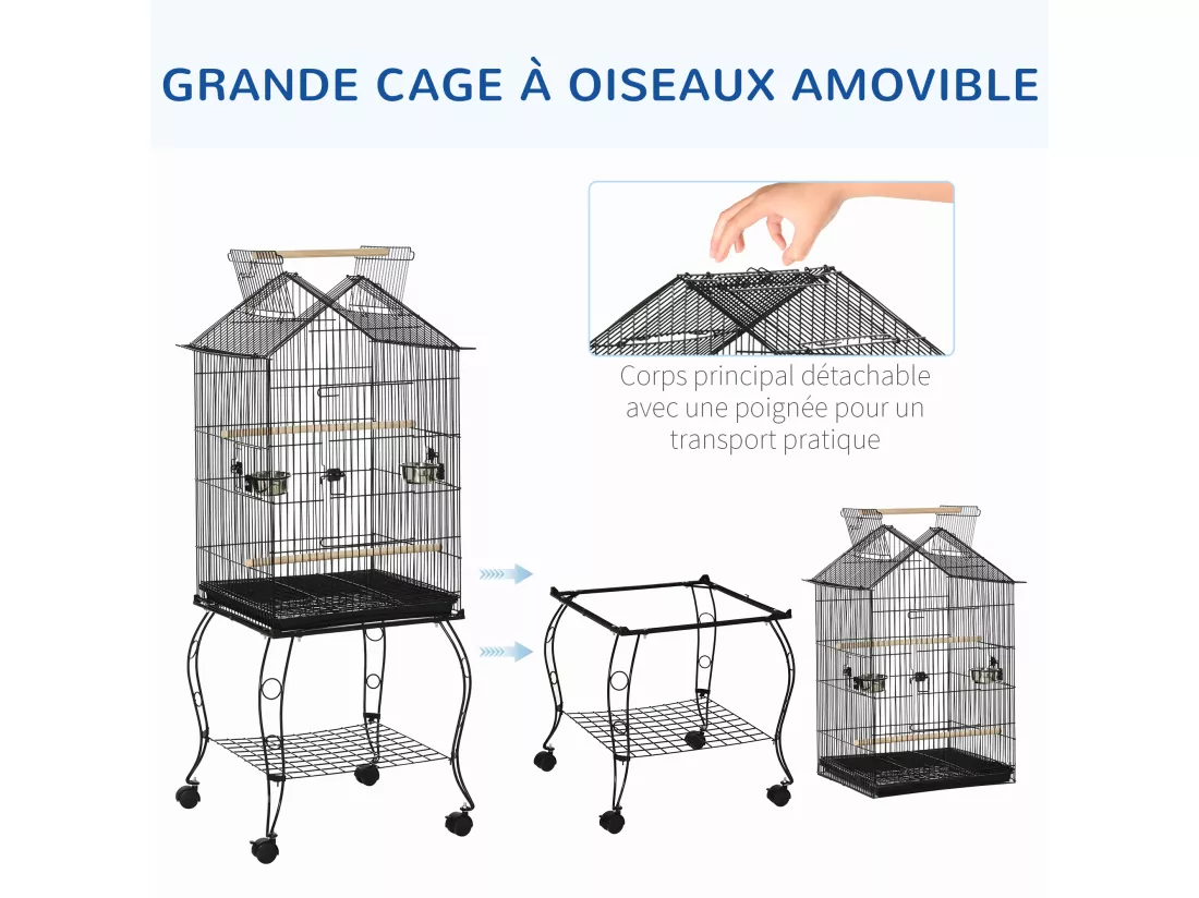 Cage à oiseaux sur pied volière avec 2 mangeoires perchoirs plateau amovible poignée et roulettes - 50 x 58 x 137-145 cm noir