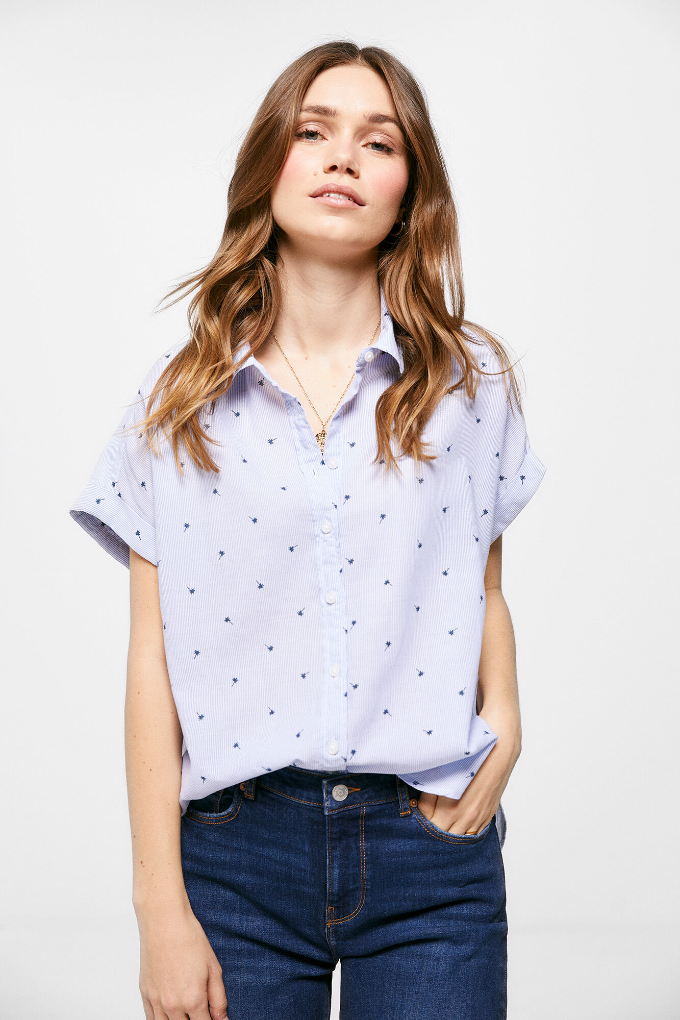 Blusa Oxford de algodão estilo relaxado - Azul Médio