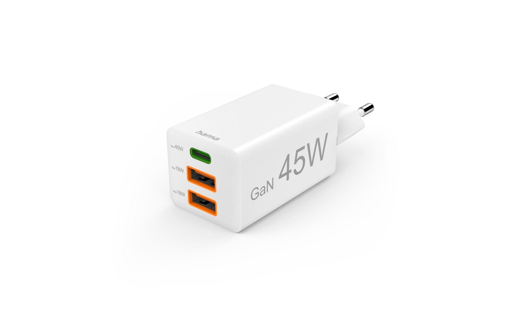 USB-Wandladegerät Gan charger 2x USB-A USB-C 45 W WeissSchnellladegerät mit 1x USB-C und 2x USB-A