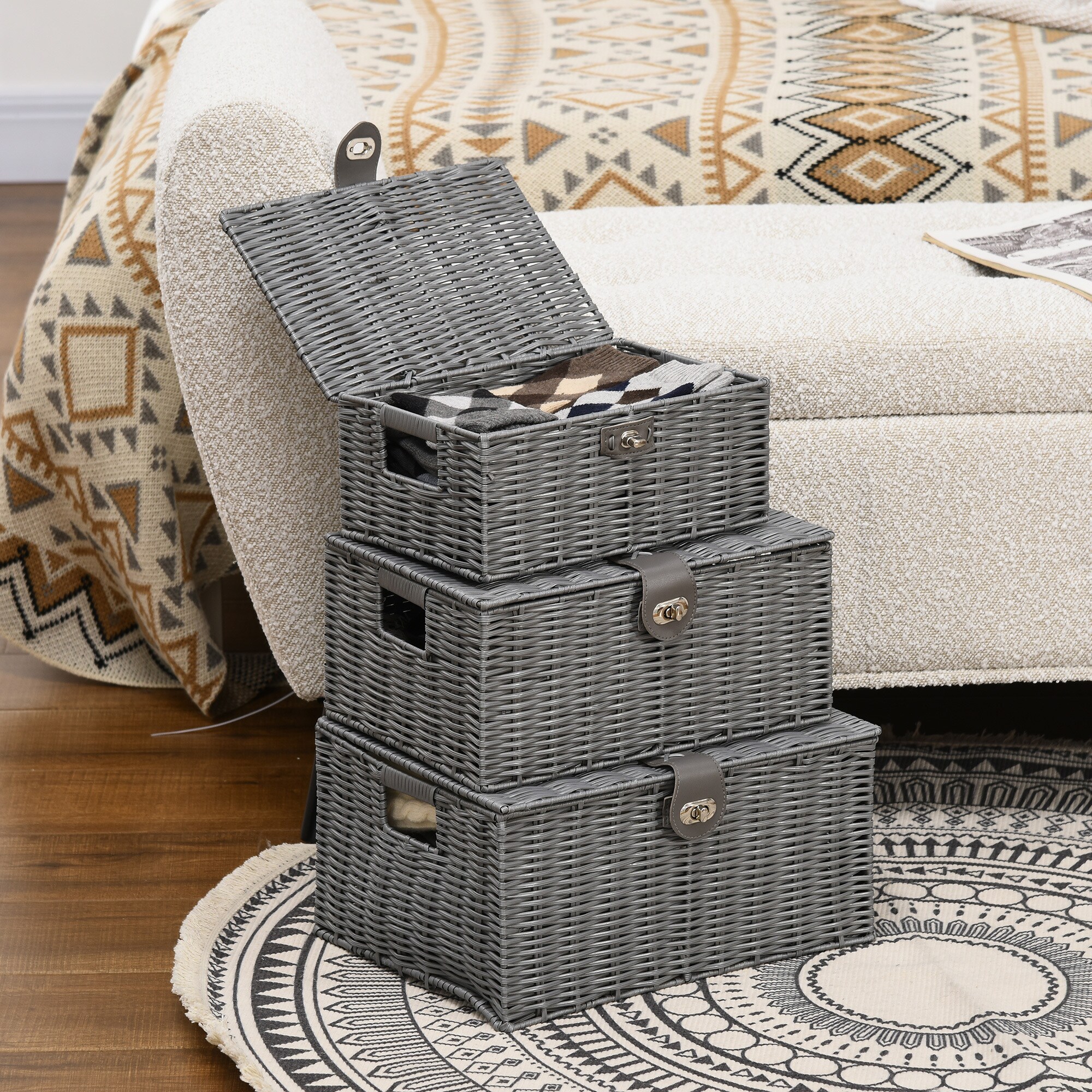HOMCOM Aufbewahrungskörbe Set mit Verschluss grau 35,5L x 28,5B x 18H cm