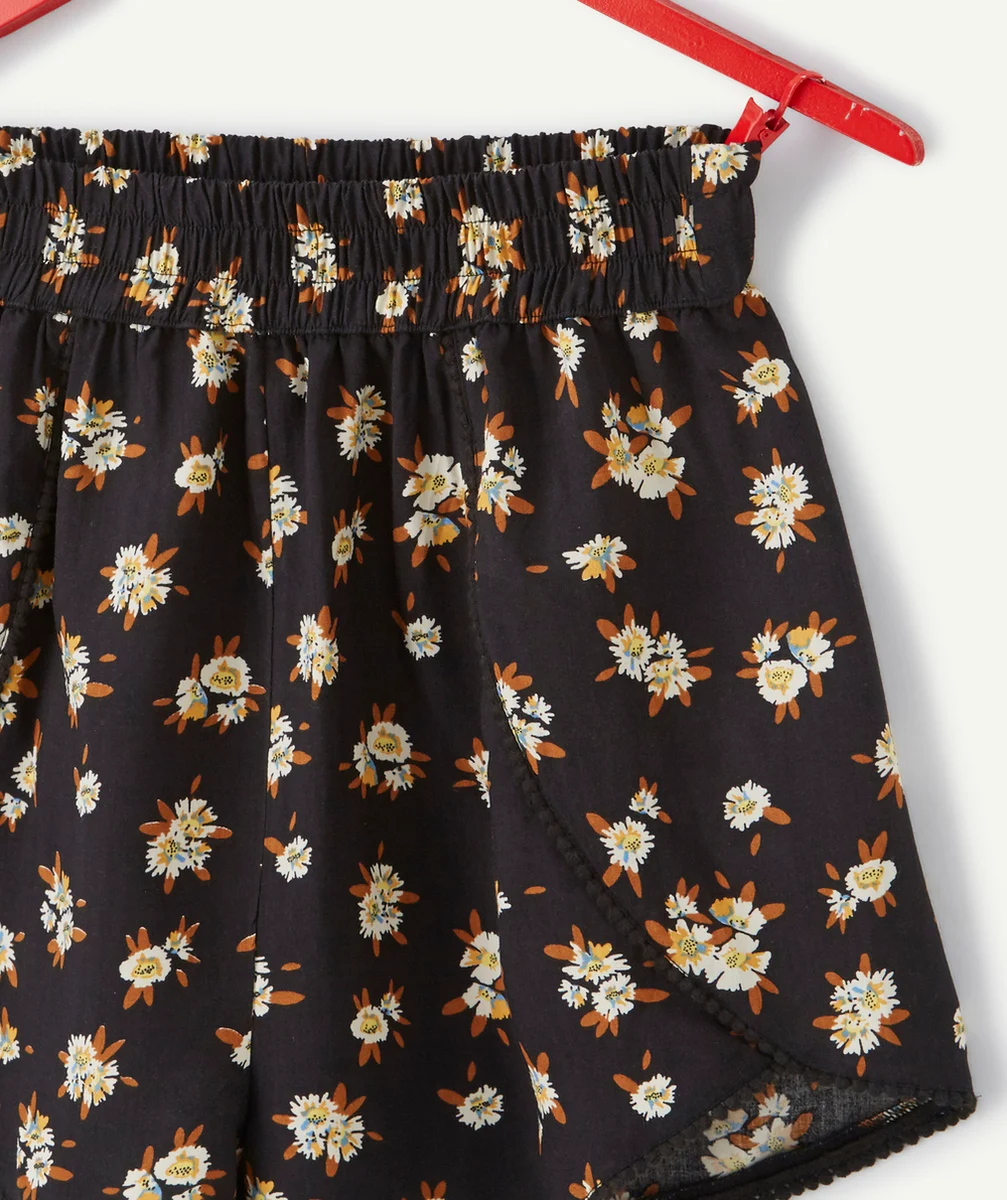 SHORT FLUIDE FILLE NOIR EN VISCOSE RESPONSABLE IMPRIMÉ FLEURI