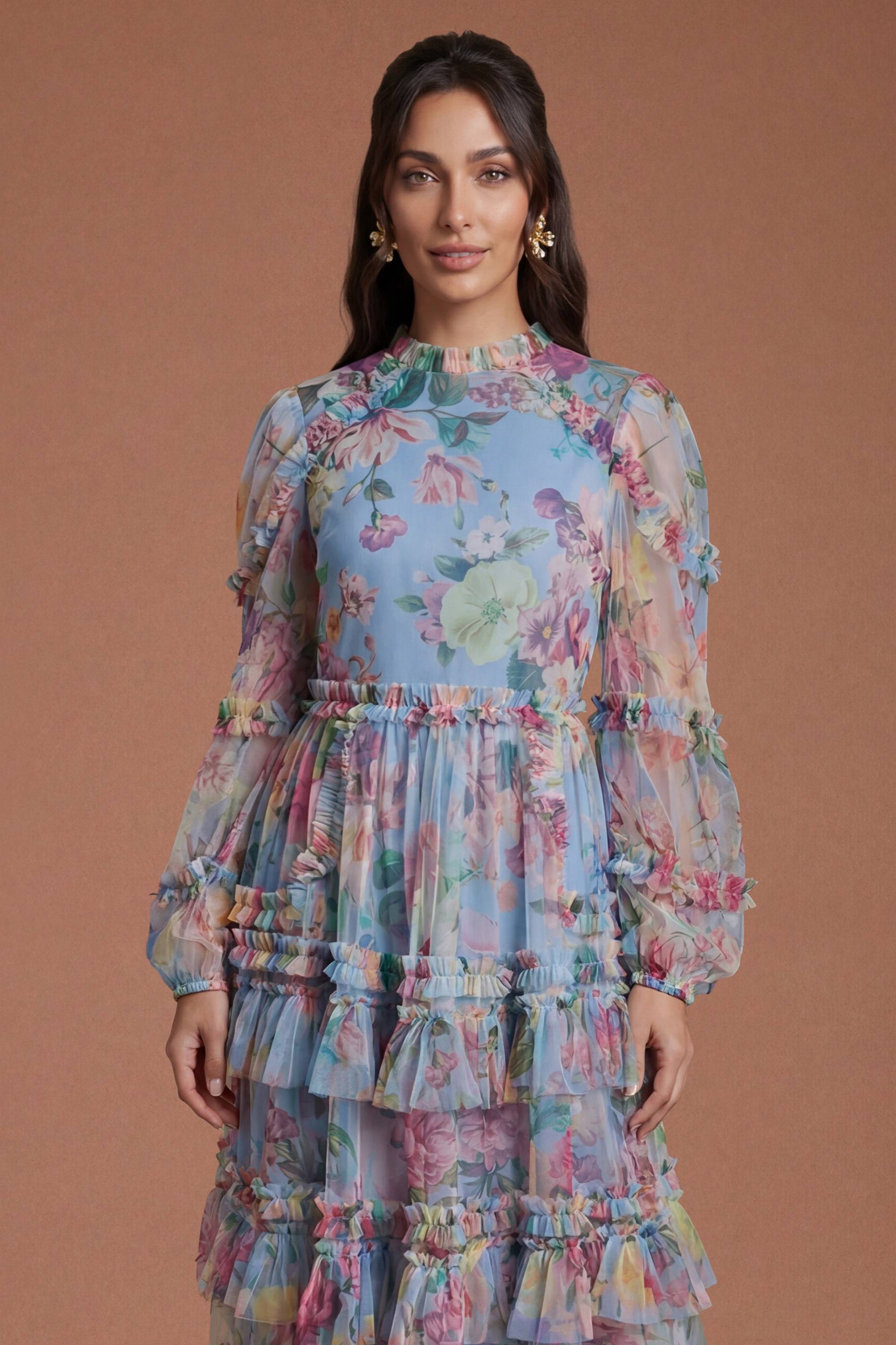 Coast Robe Longue En Mesh À Volants Étagés Imprimée
