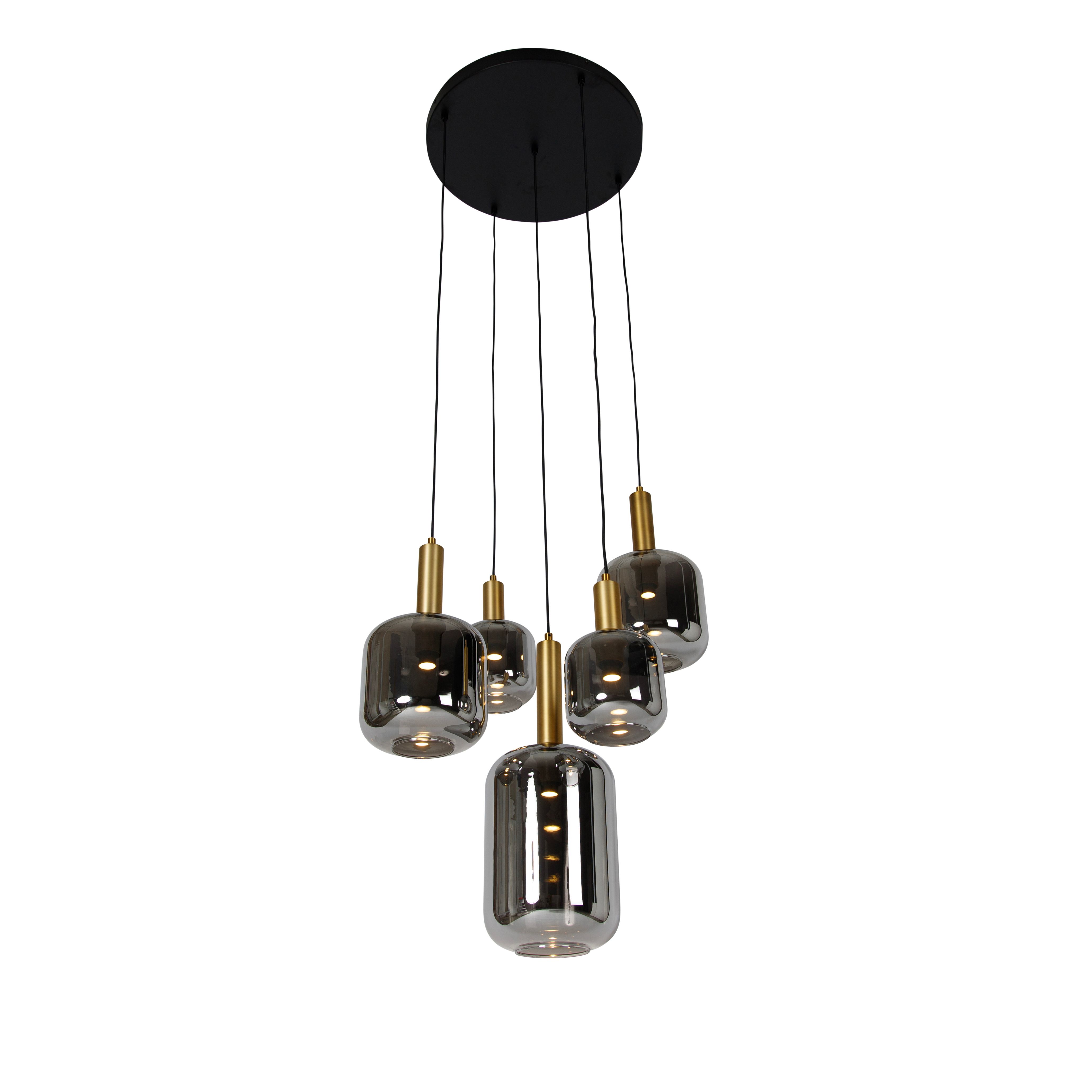 Hanglamp zwart met goud met smoke glas incl. 5 PUCC - Zuzanna