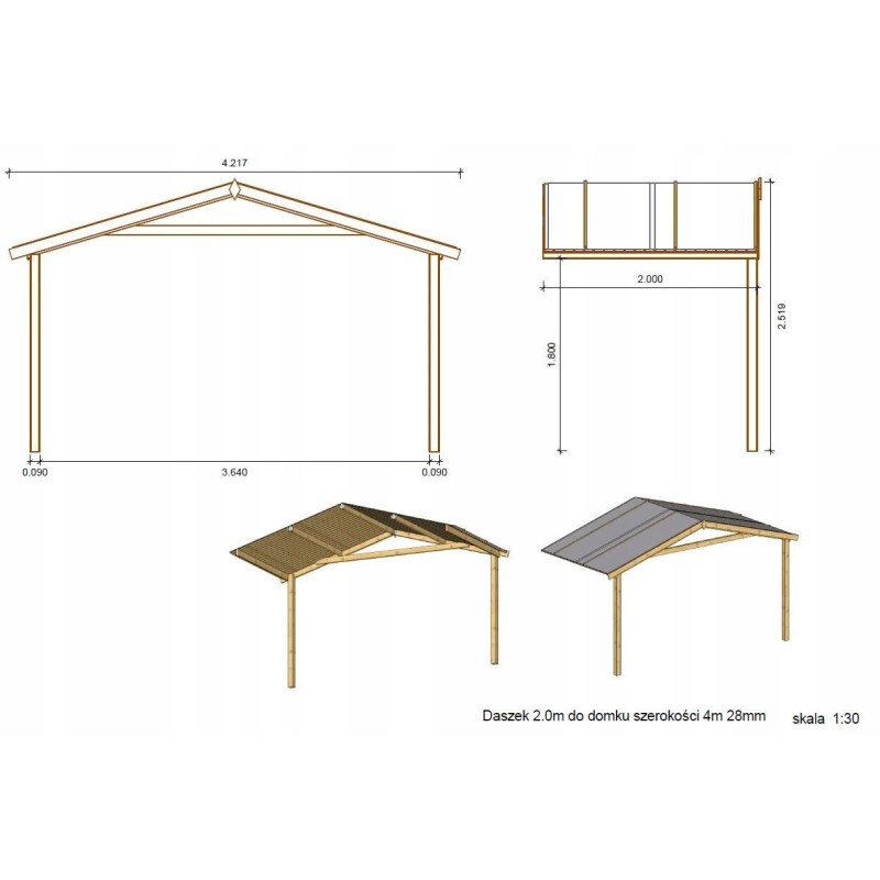 Abri de jardin en bois - 4x3 m - 20 m2 + terrasse avec balustrade et avant-toit en bois