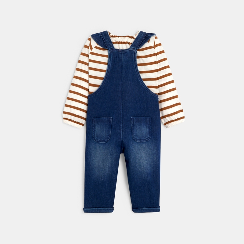Salopette denim bleue et sweat rayé bébé fille