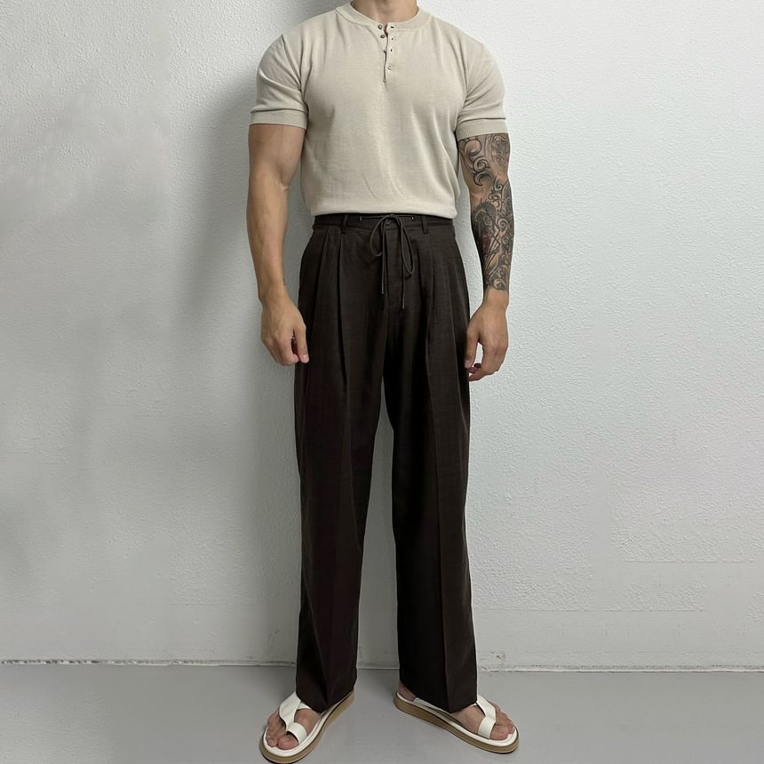 mopagrati - Henley-top met korte mouwen en ronde hals, effen gebreid