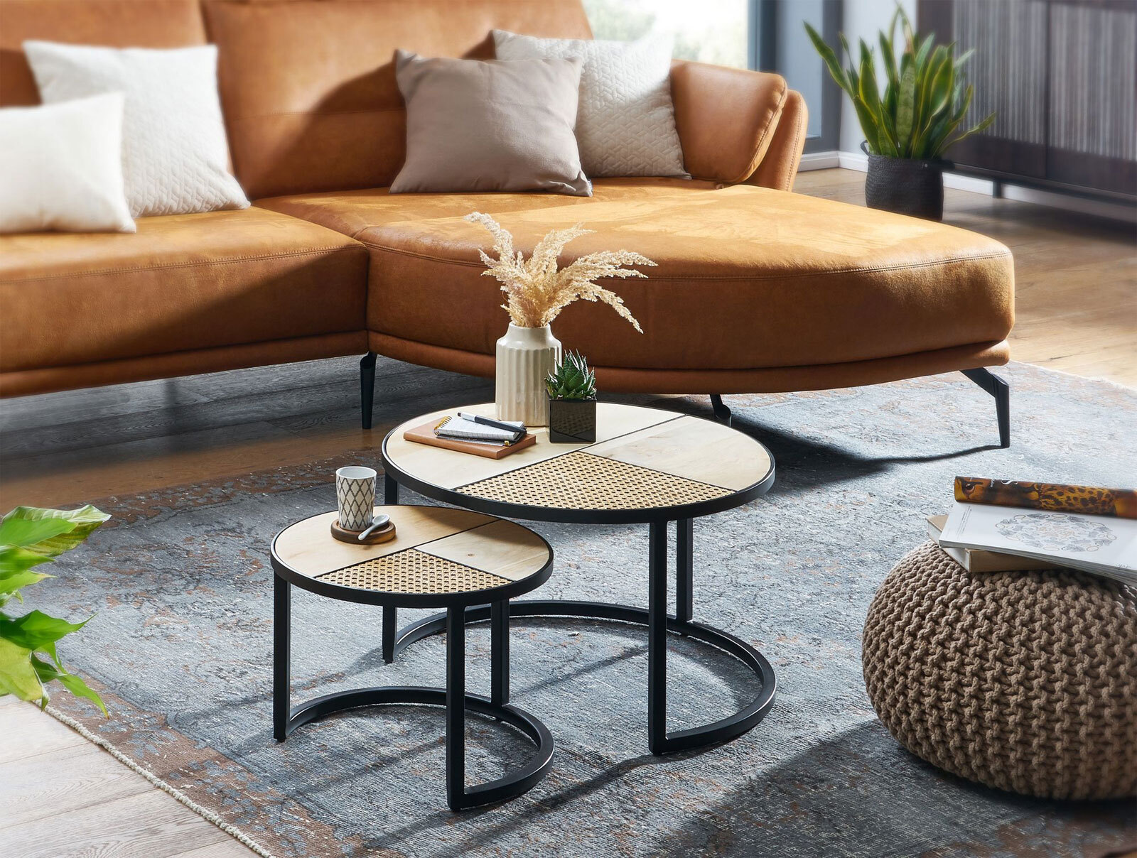 Couchtisch rund 2er Set Ø 60/Ø 40 cm Schwarz/ Mango massiv