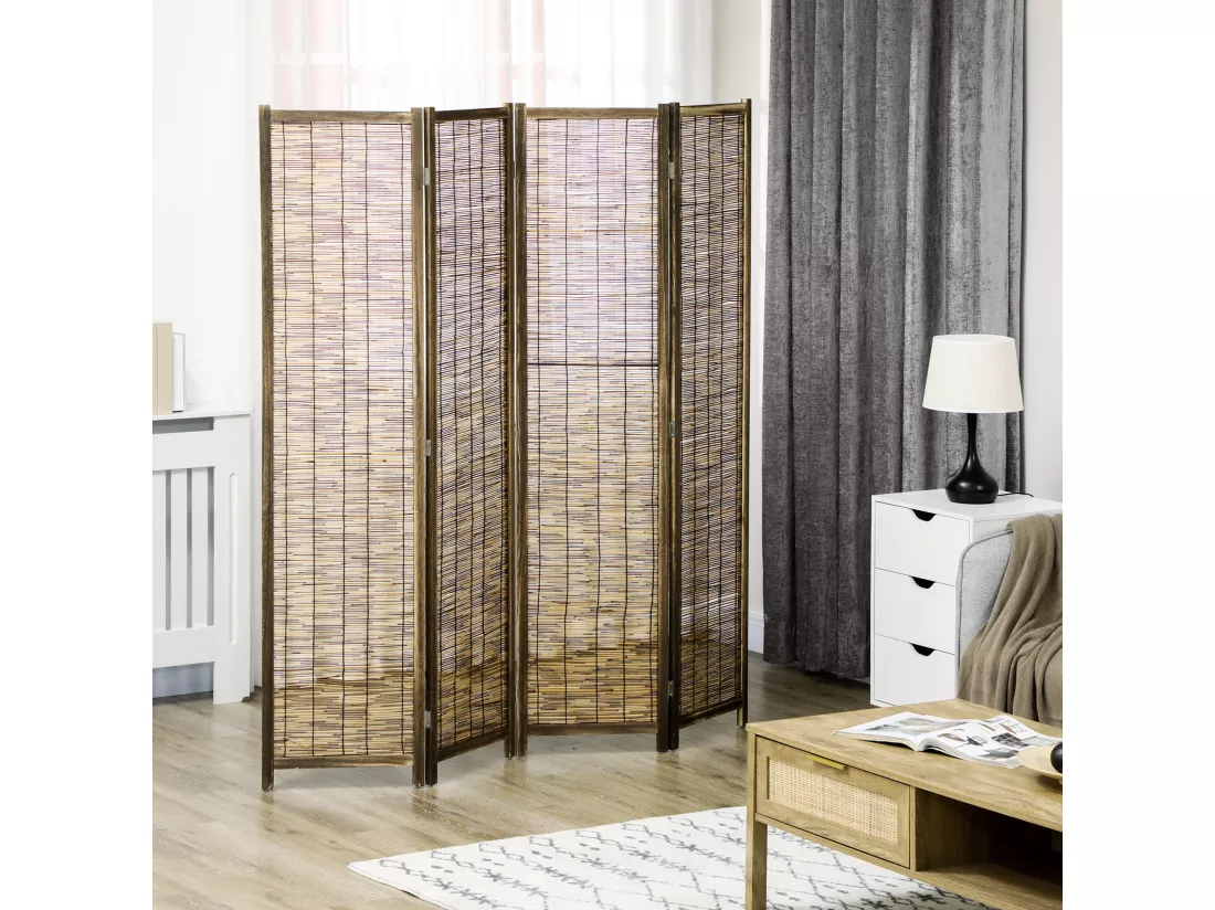 Paravent intérieur 4 panneaux pliables séparateur de pièce bois de paulownia roseau