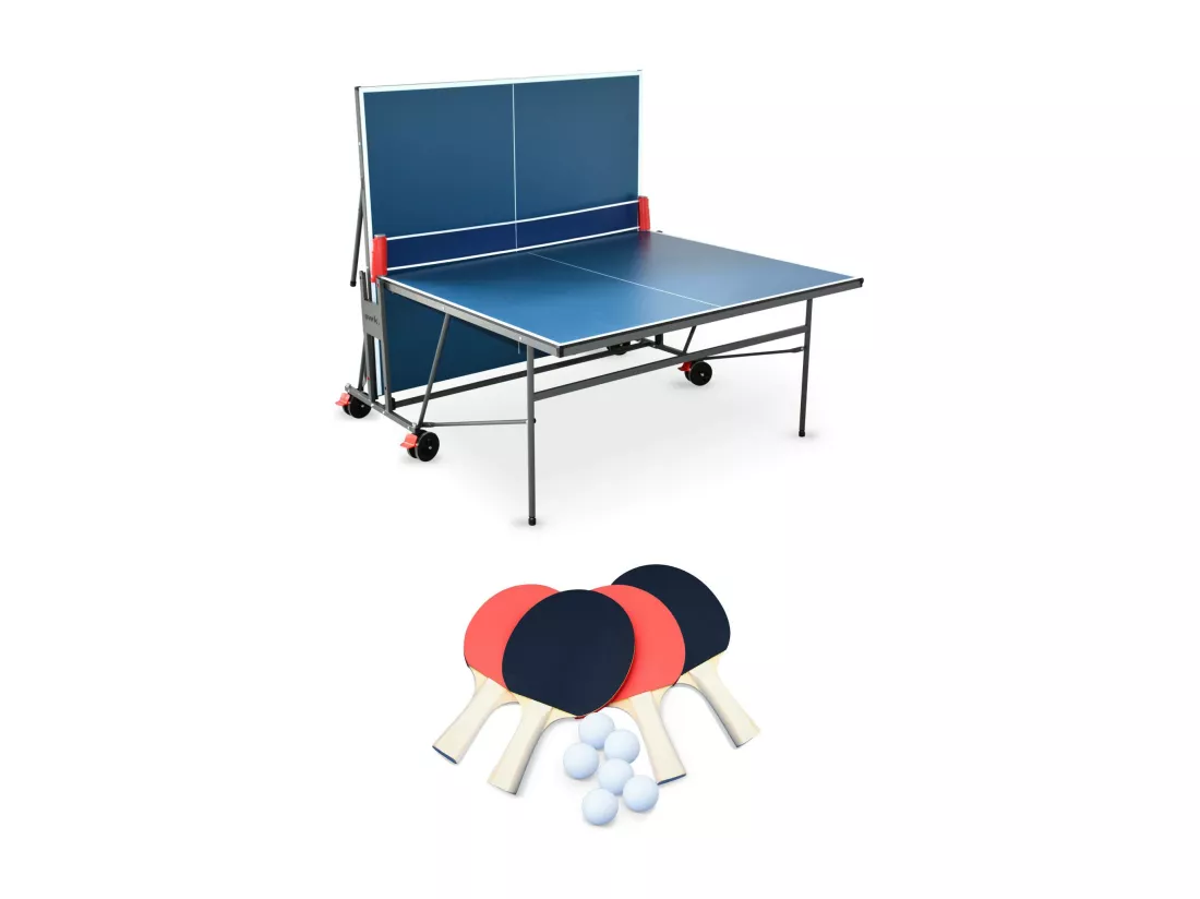 Table de ping pong INDOOR bleue - table pliable avec 4 raquettes et 6 balles. pour utilisation intérieure. sport tennis de table