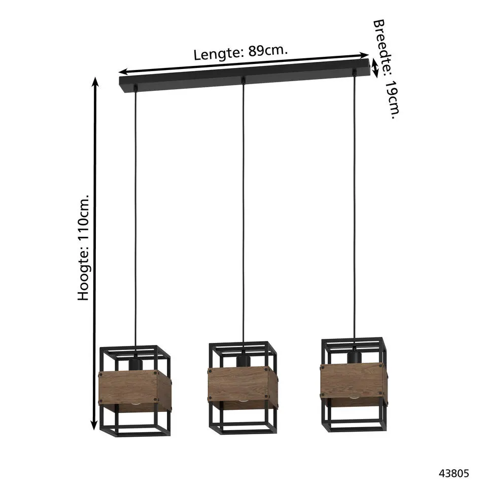 EGLO Evesham Hanglamp - E27 - 89,5 cm - Zwart/Bruin - Hout