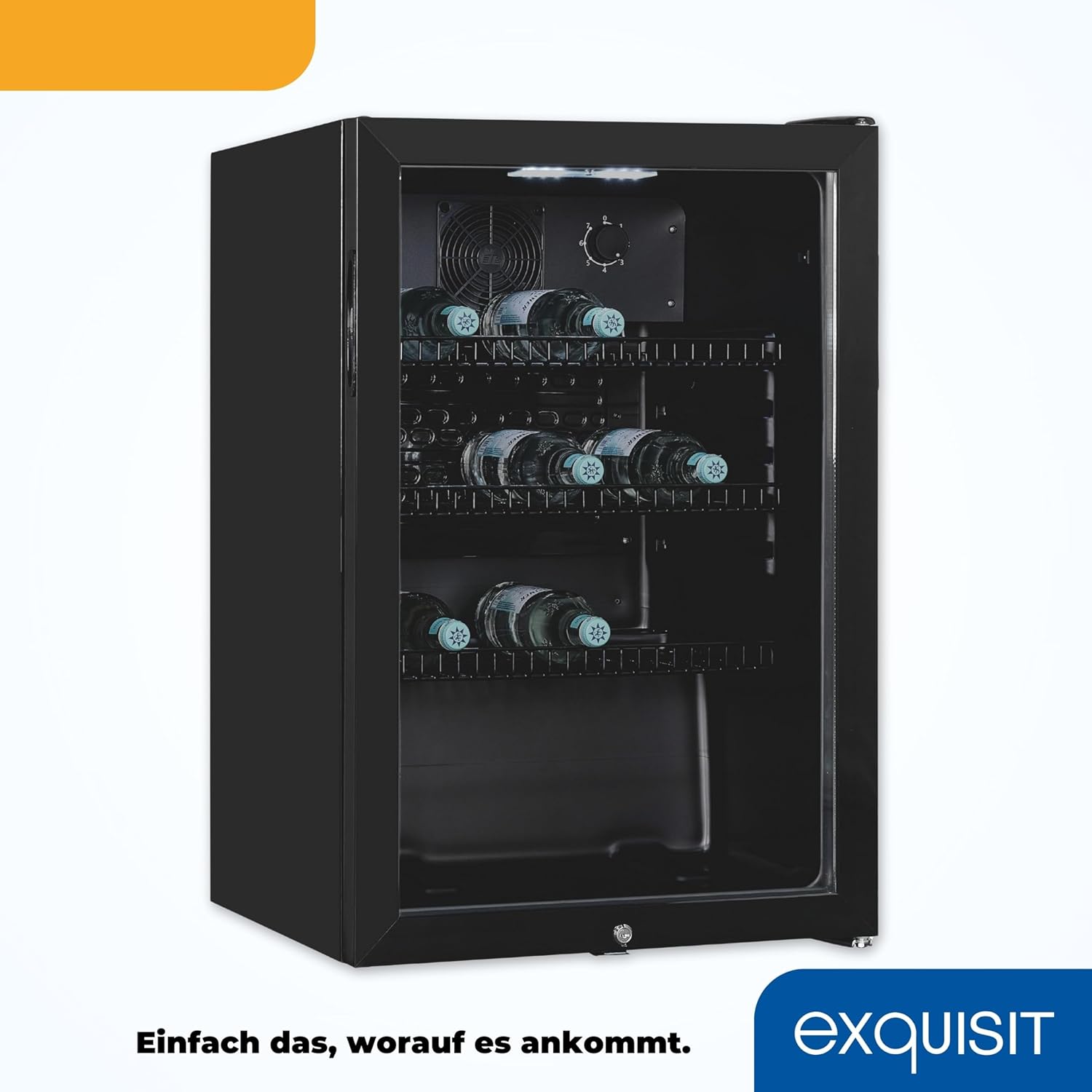 Exquisit Glastürkühlschrank GKS120-GT-160C schwarz | Nutzinhalt: 118 L | Türschloss | 3 Gitterablagen | Umluftventilator | Standgerät