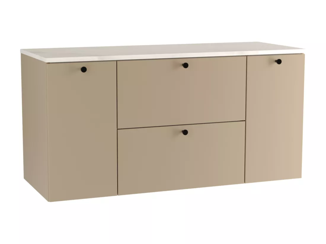 Meuble lavabo WENA, avec 2 portes et 2 tiroirs, fronts lisses, Beti, 120x60x47 cm, Cappuccino/Marbre Bianco