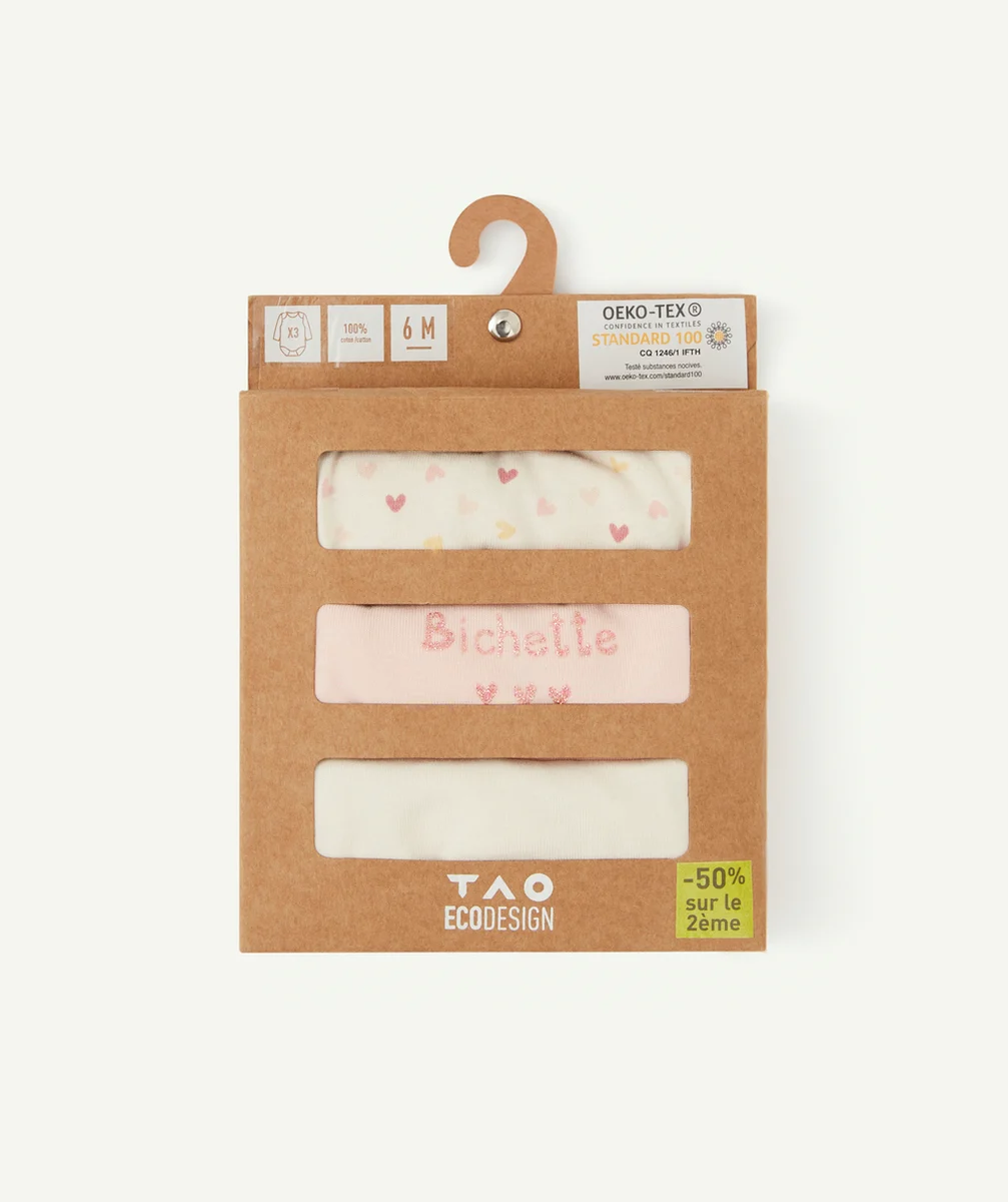 LOT DE 3 BODIES BÉBÉ EN COTON BIO AVEC MESSAGE ET IMPRIMÉ COEURS