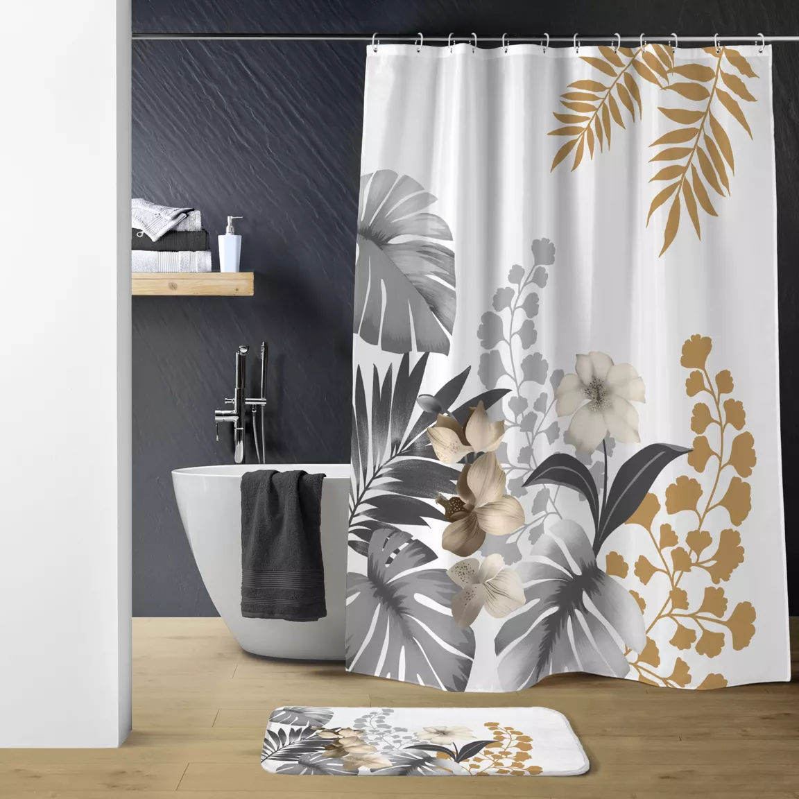 Rideau de douche à anneaux (180 x 200 cm) Kelly Blanc