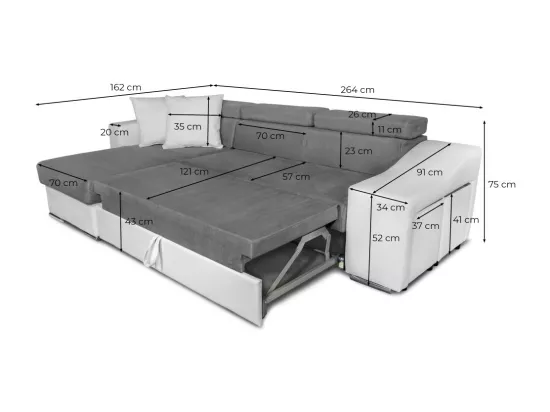 Canapé d'angle Elona convertible bi-matière Gris avec poufs de rangement à gauche - L264 x P162 x H75cm - Loungitude