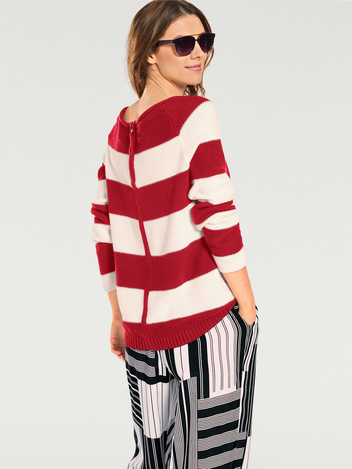 Pull col rond grosses rayures tendance avec glissière au dos