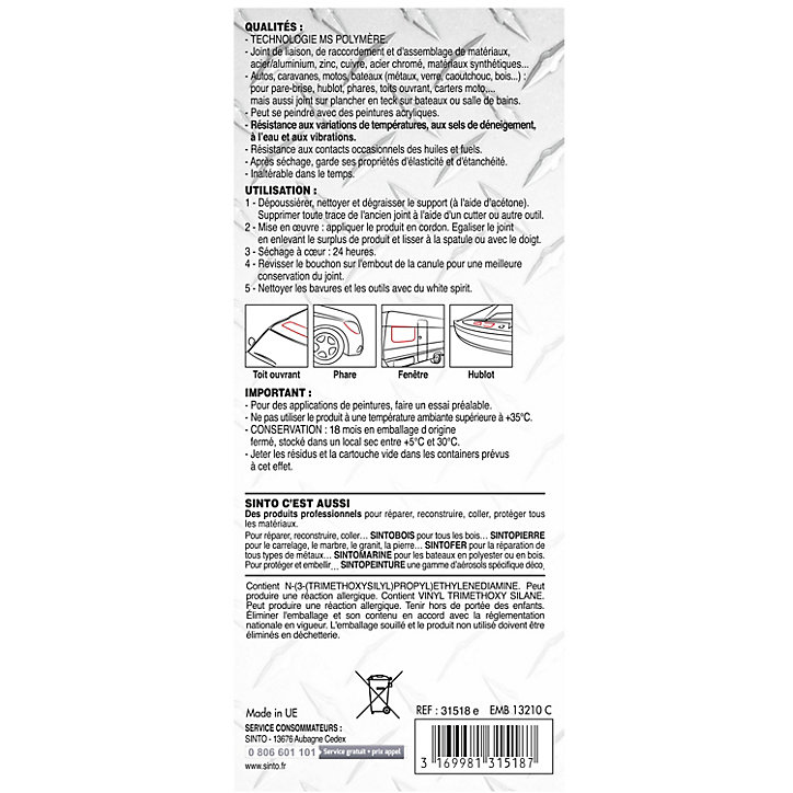 Joint auto-marine Noir 290 ml Sinto intérieur et extérieur