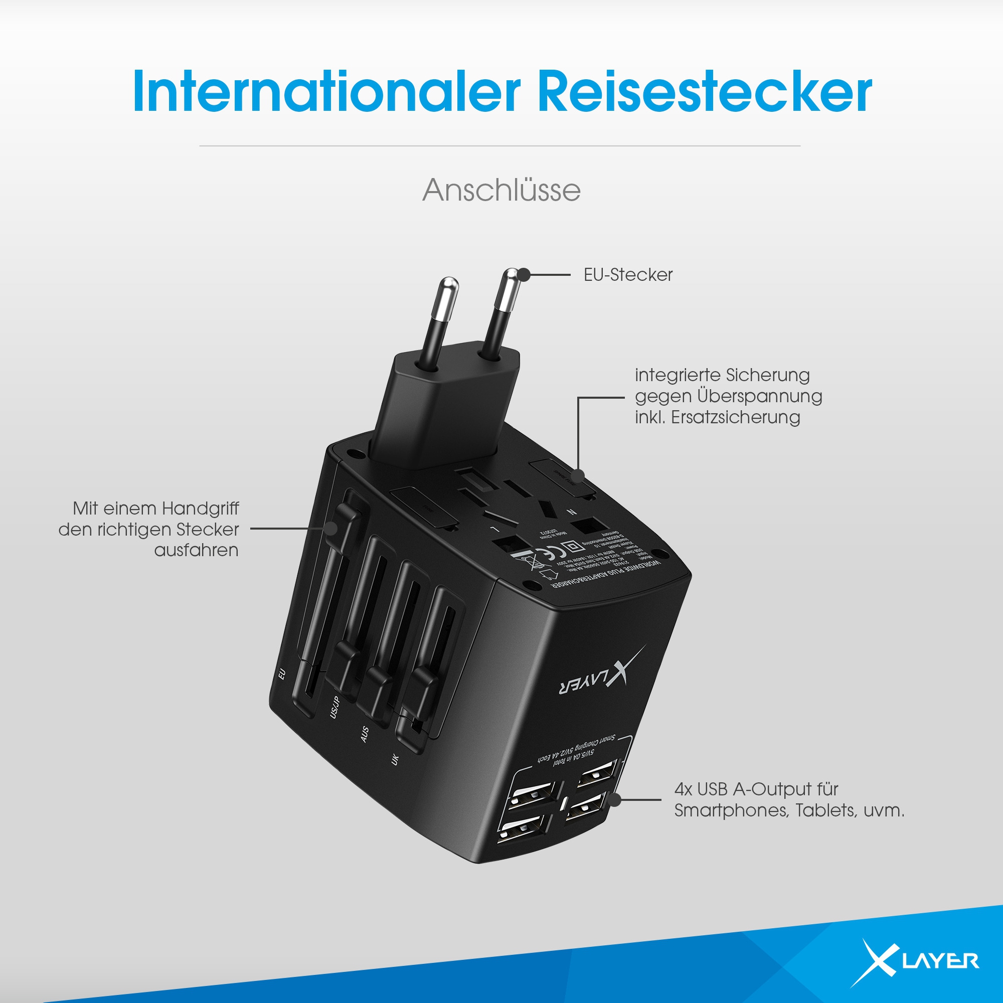 XLayer Internationaler Reisestecker weltweit schwarz