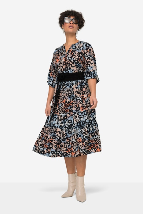 Maxikleid, A-Linie, Leomuster, Tunika-Ausschnitt, 3/4-Ärmel