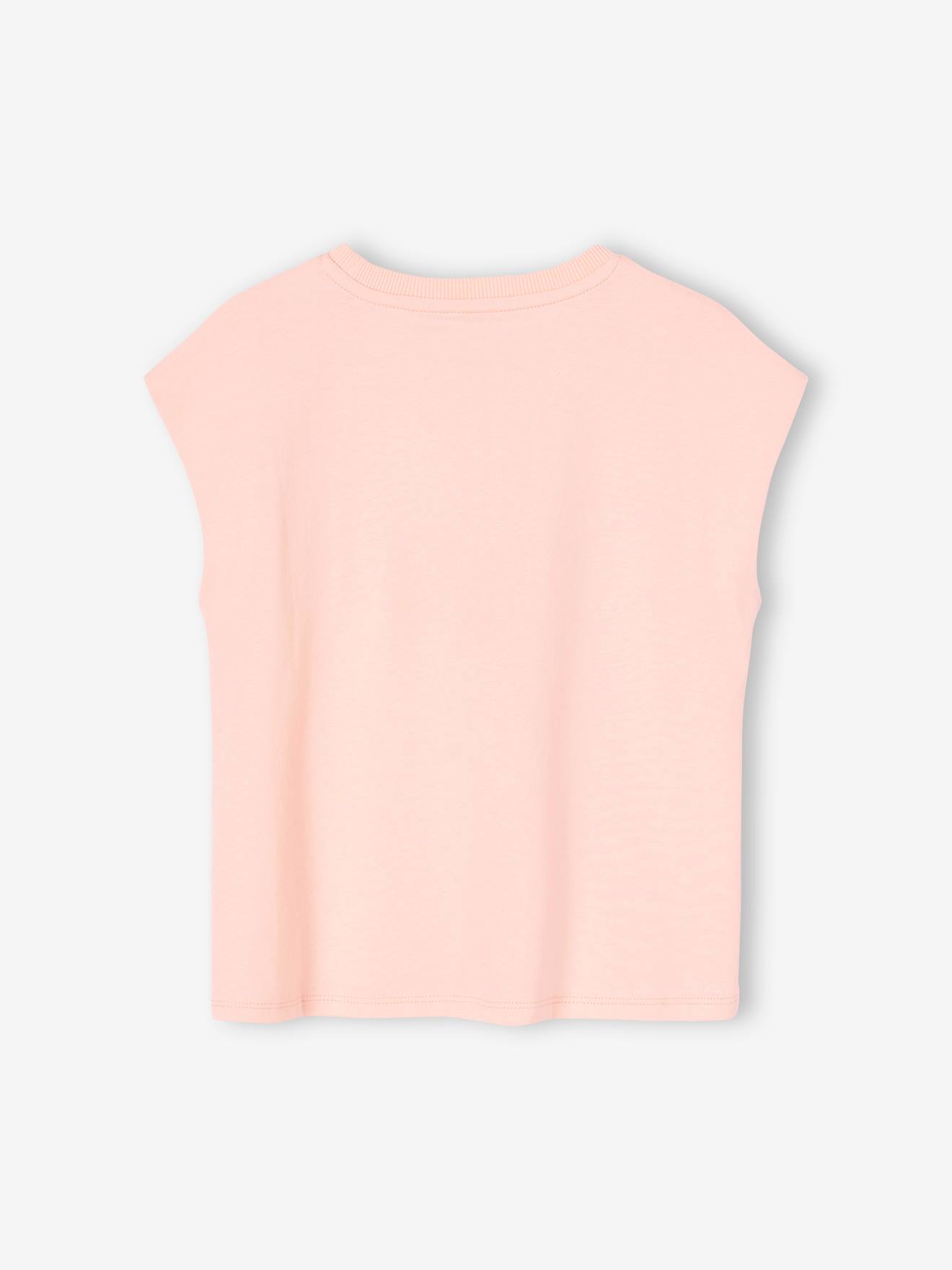Camiseta infantil feminina com estampa de verão e mangas na altura dos ombros, na cor off-white.