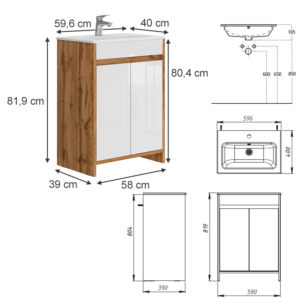 Vicco Waschbecken mit Unterschrank Lemgo Eiche Weiß 60 cm