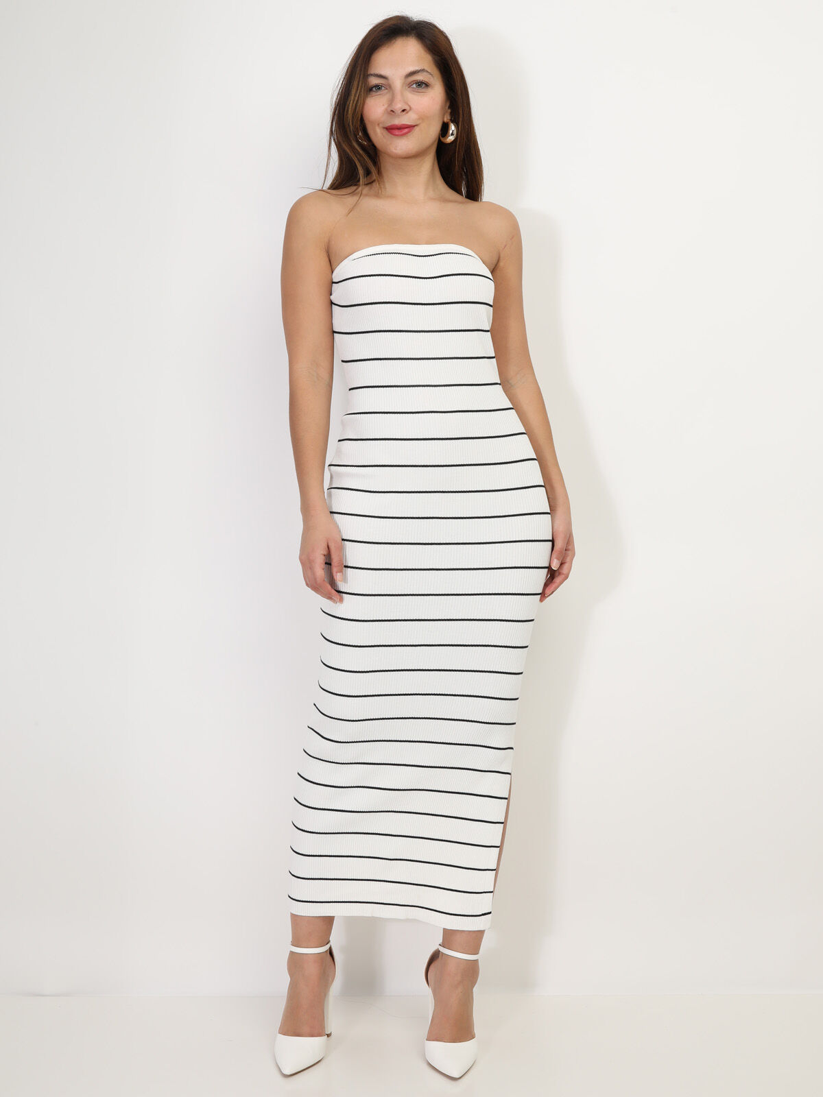 Robe longue bustier à rayures- Blanc