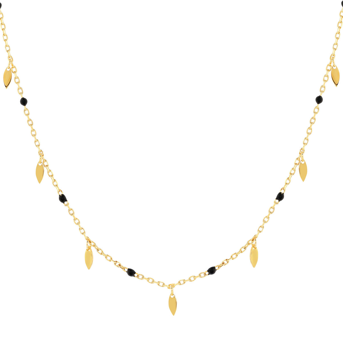 Collier plaqué or et résine noire 45 cm pampilles feuilles