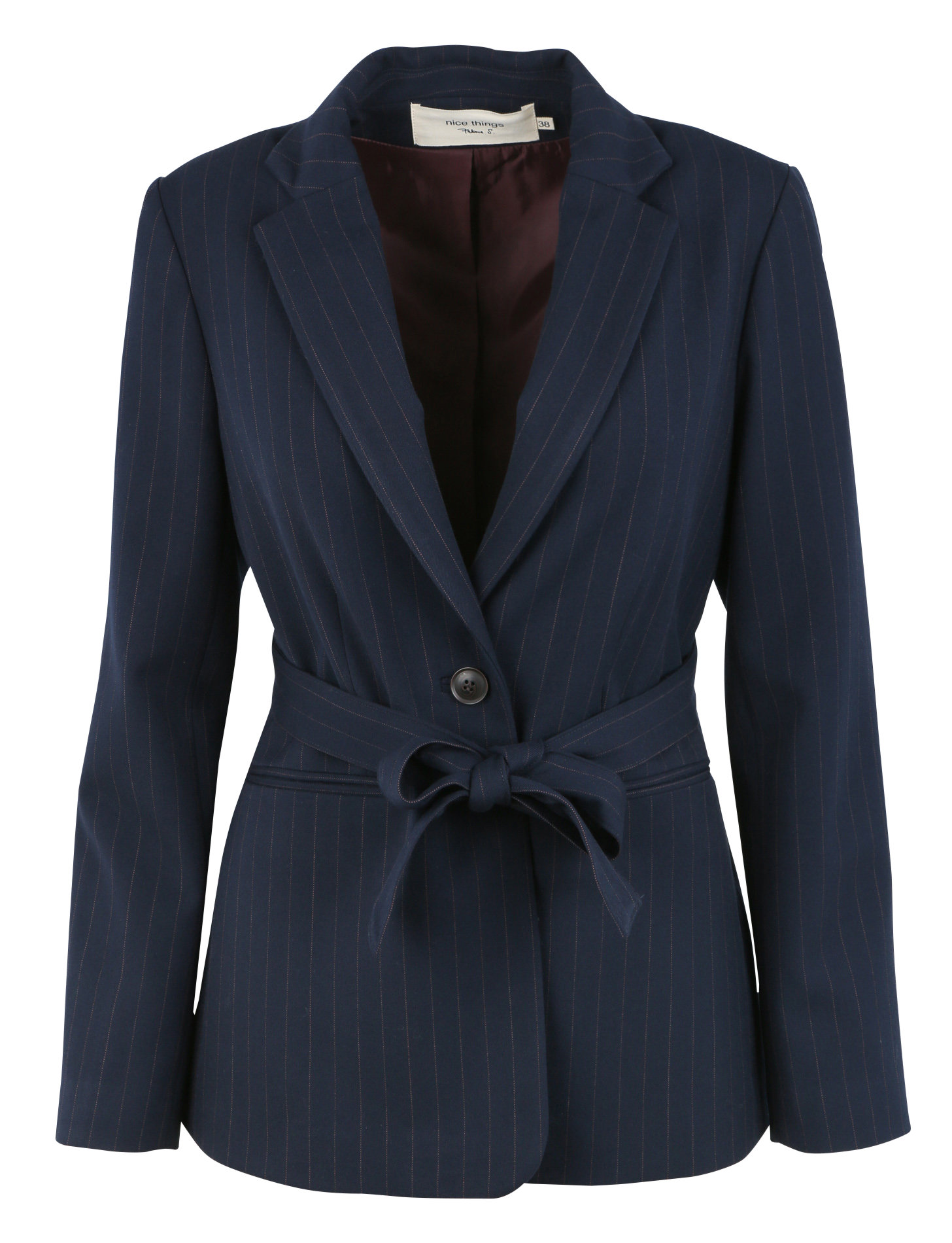 Blazer col tailleur à rayures ceinturé | Bleu