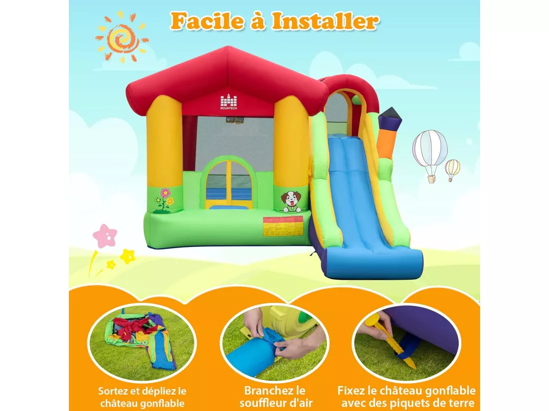 Château Gonflable avec Toboggan et Souffleur 680W, Aire de Jeux Gonflable Intérieur Extérieur avec Panier de Basket-Ball, 50 Balles Océaniques, Maison de Saut pour 3-10 Ans