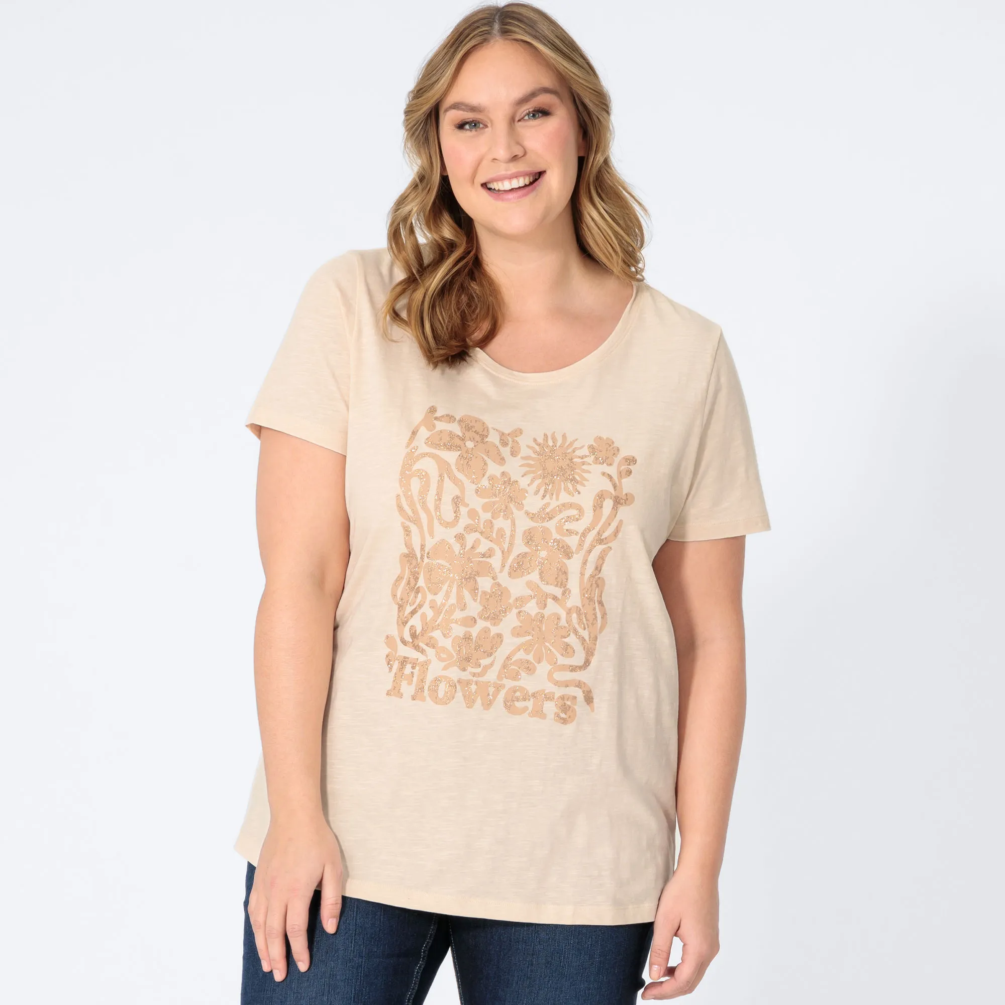 Damen-T-Shirt mit glitzerndem Frontaufdruck, große Größen