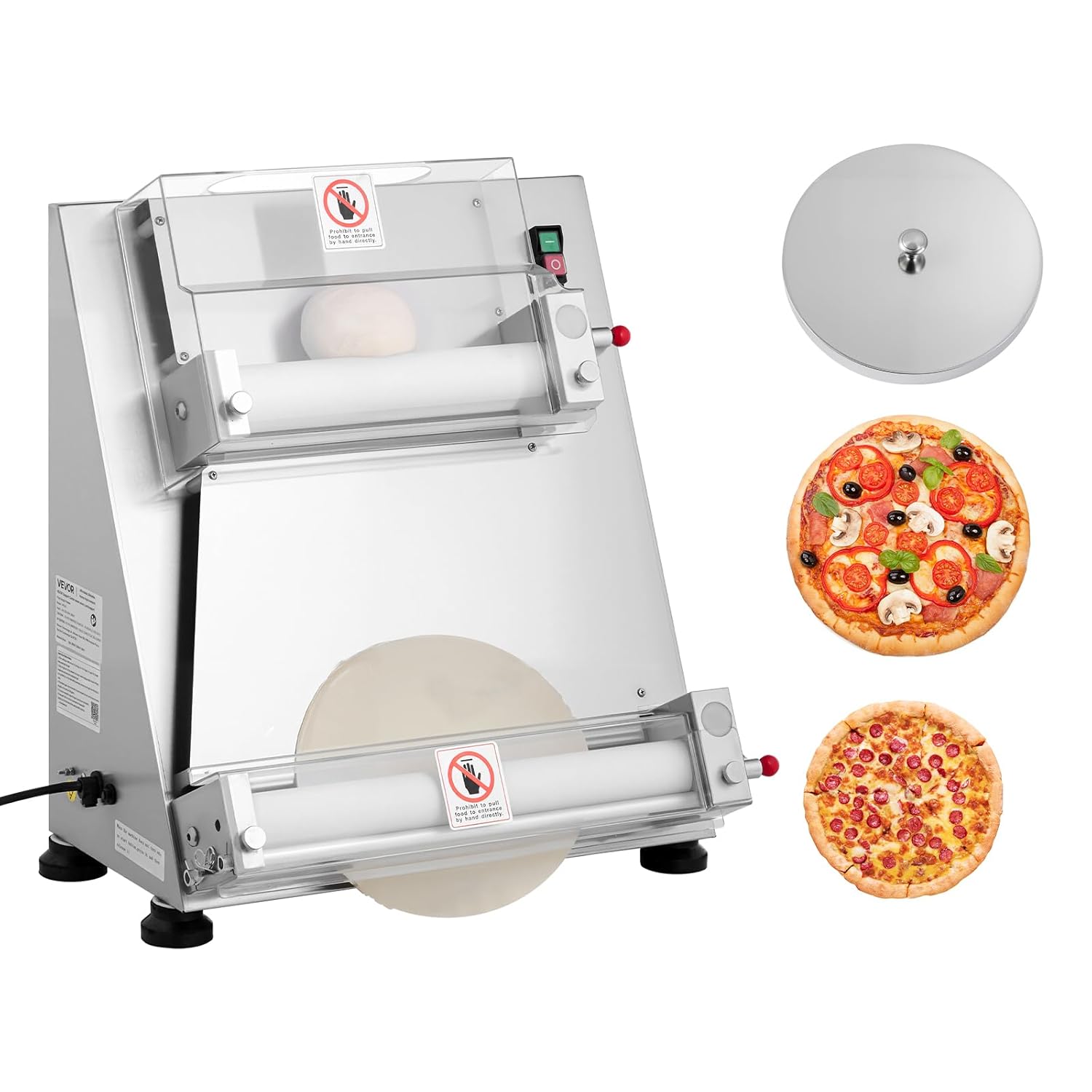 VEVOR elektrische Pizzateigpresse 355,6 mm Gebäck-Pressplatte, Brotpresse 390 W aus Edelstahl, kommerzieller Chapati Presse, Formmaschine mit einstellbarer Dicke & Teigpressdeckel, 260 Stk./h