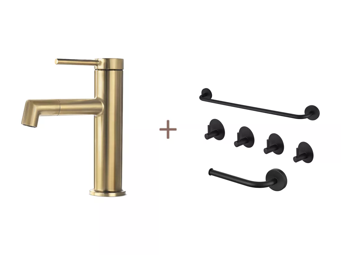 Mitigeur Lavabo Doré Rotatif à 360°,Eau Chaude/Froide,Barboteur Démotable+Ensemble Salle Bain Accessoire 6 Pièces,Auto-adhésif/percer,Inox,Noir