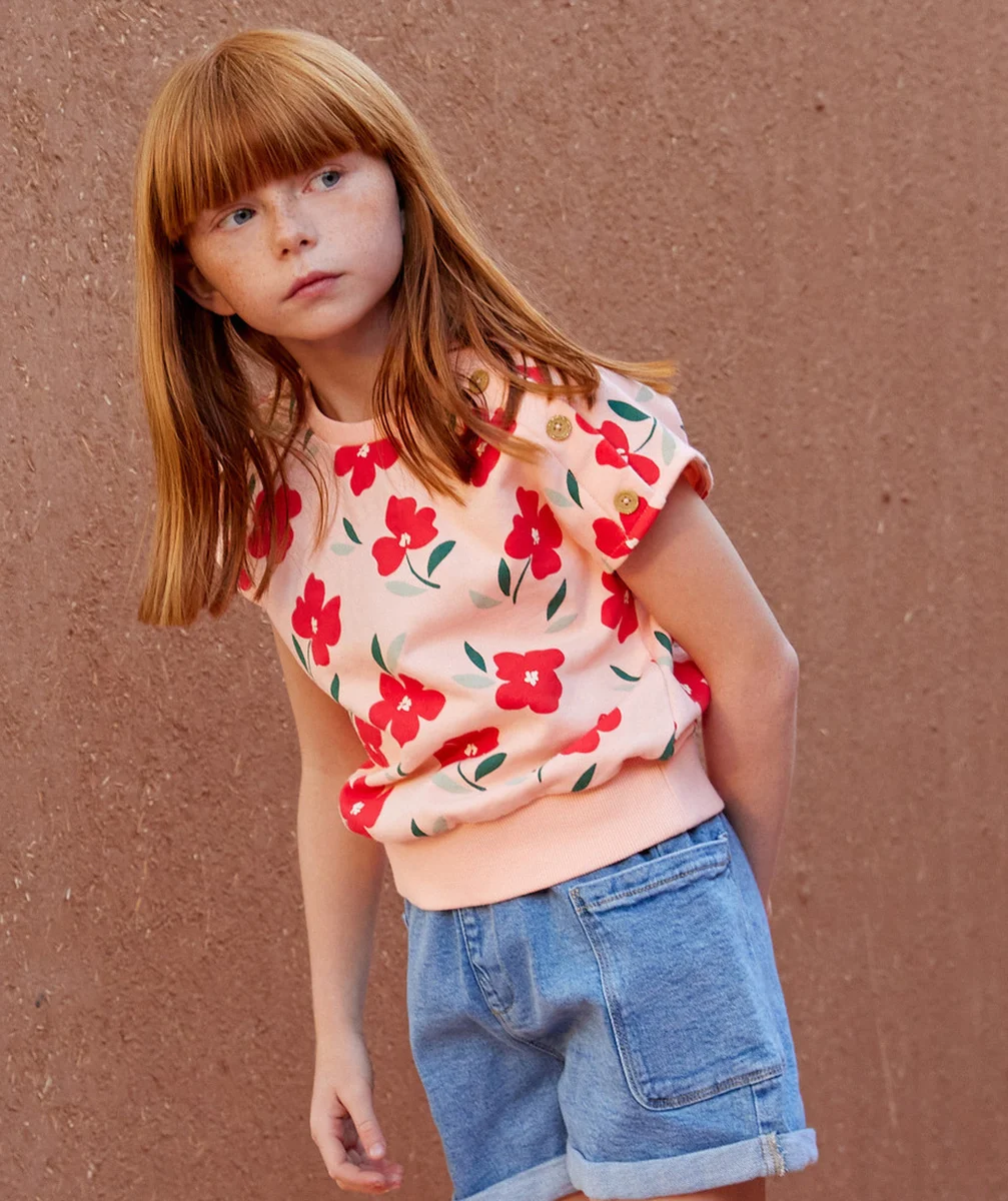 SWEAT SANS MANCHES FILLES EN FIBRES RECYCLÉES ROSE IMPRIMÉ FLEURI