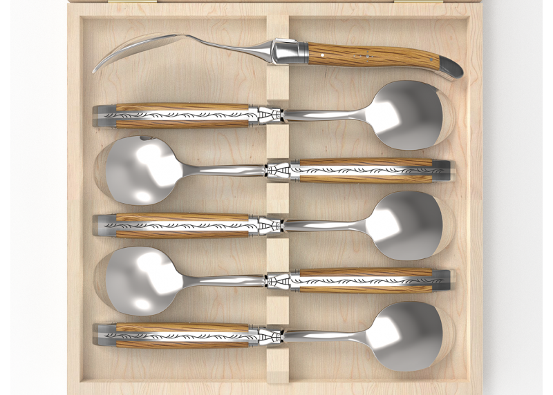 Service de 6 grandes cuillères Laguiole avec un manche en bois de chêne et mitres en acier inoxydable