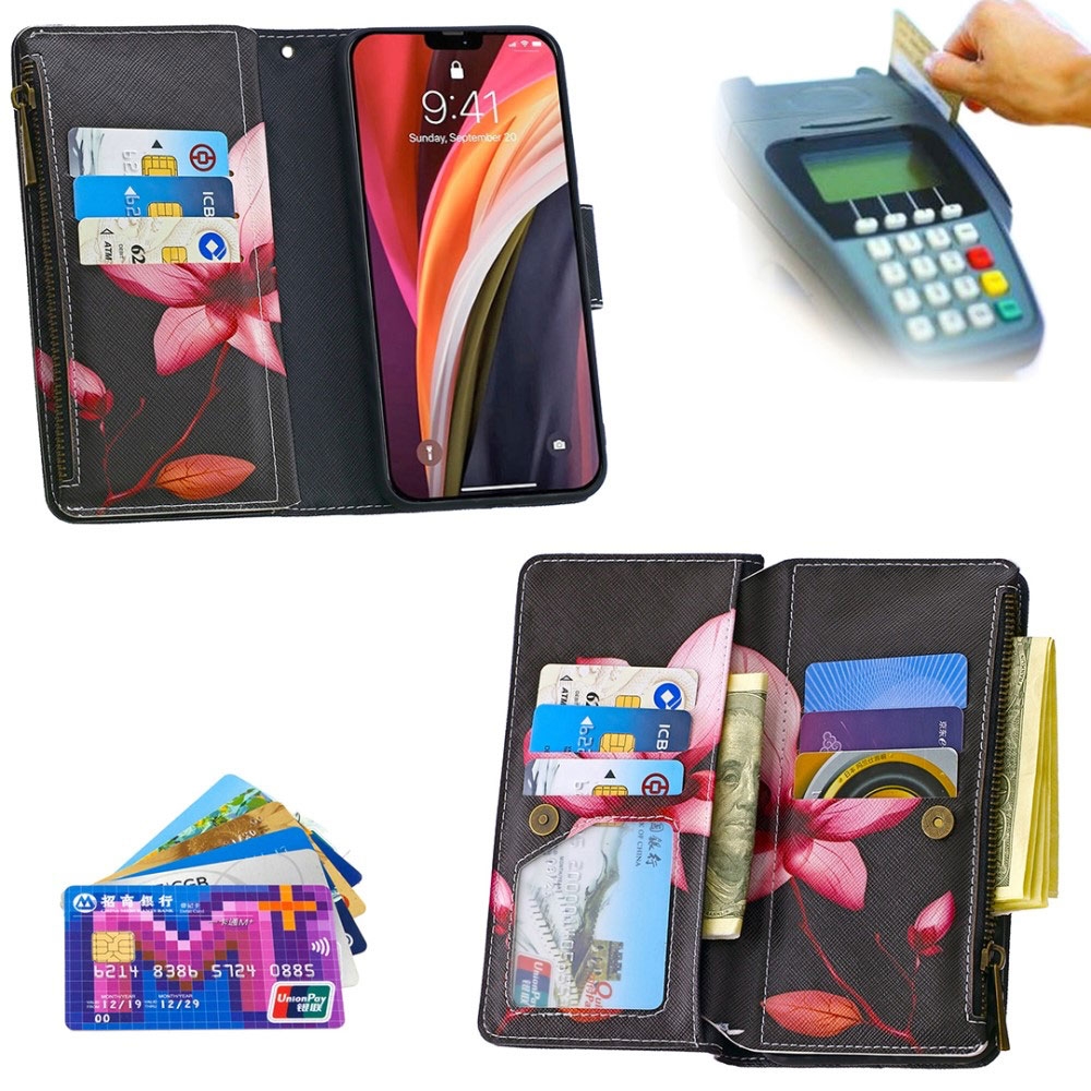 iPhone 12 / iPhone 12 Pro Leder Wallet Etui Tasche mit 9 Kartenfächern   Münzfach - Pinke Blume