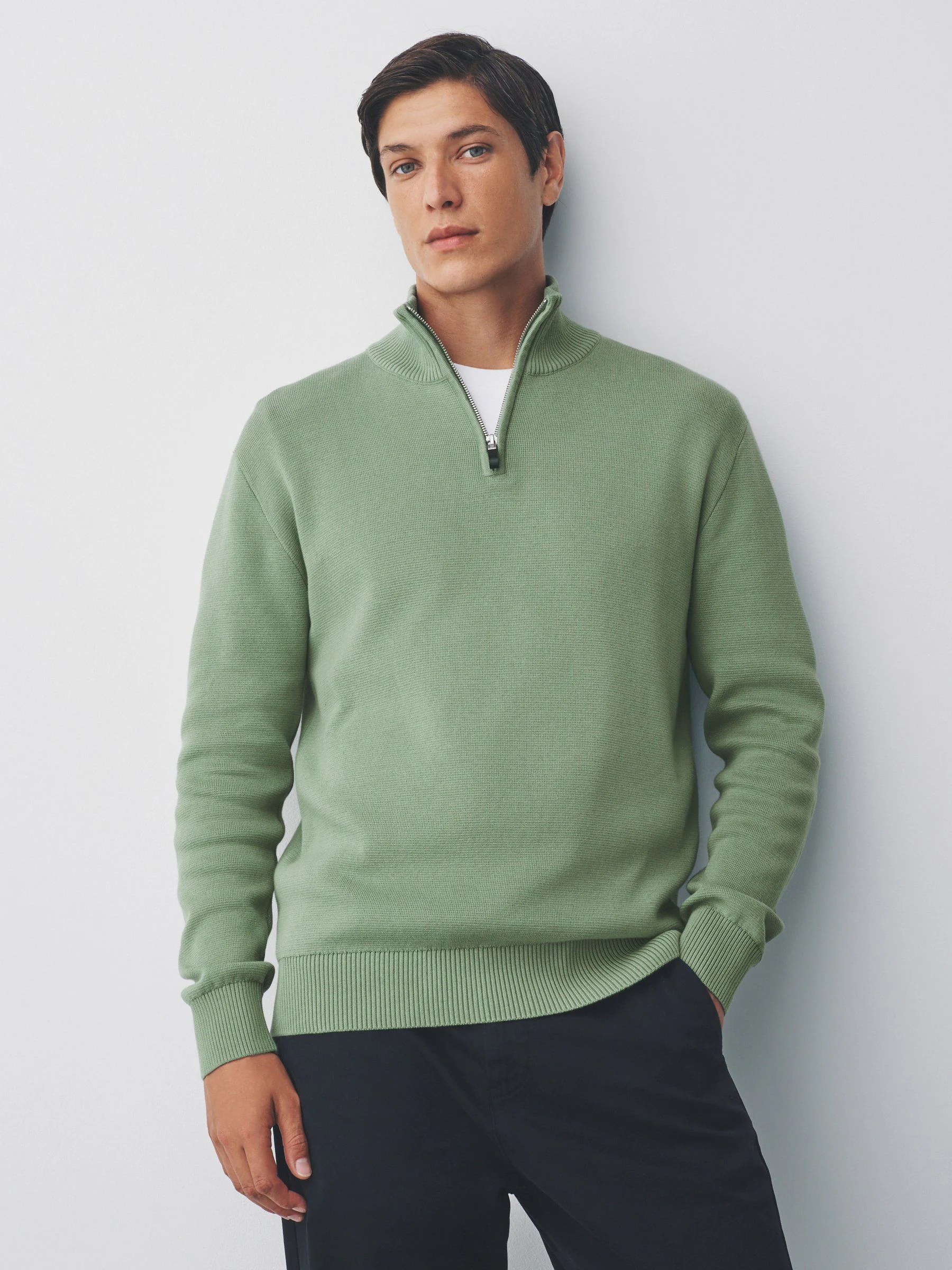 Grijs-groen - Effen - Regular fit 100% katoenen premium trui met korte rits