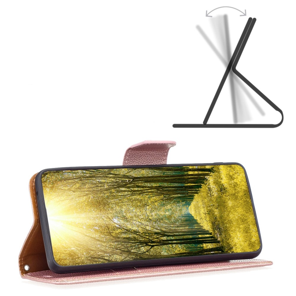 iPhone 14 Leder Tasche Flip Cover im Litchi Look mit Kartenfach   Handschlaufe - Roségold