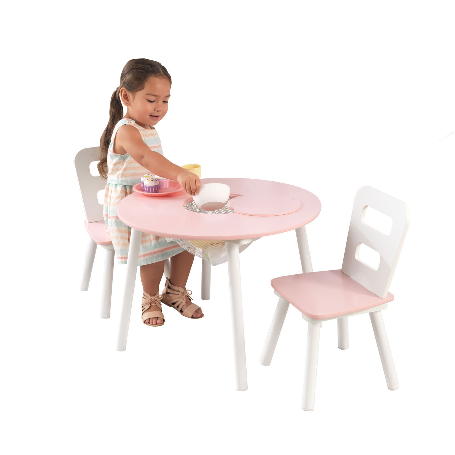 KidKraft Houten Opbergtafel Rond met 2 Stoelen Roze/Wit