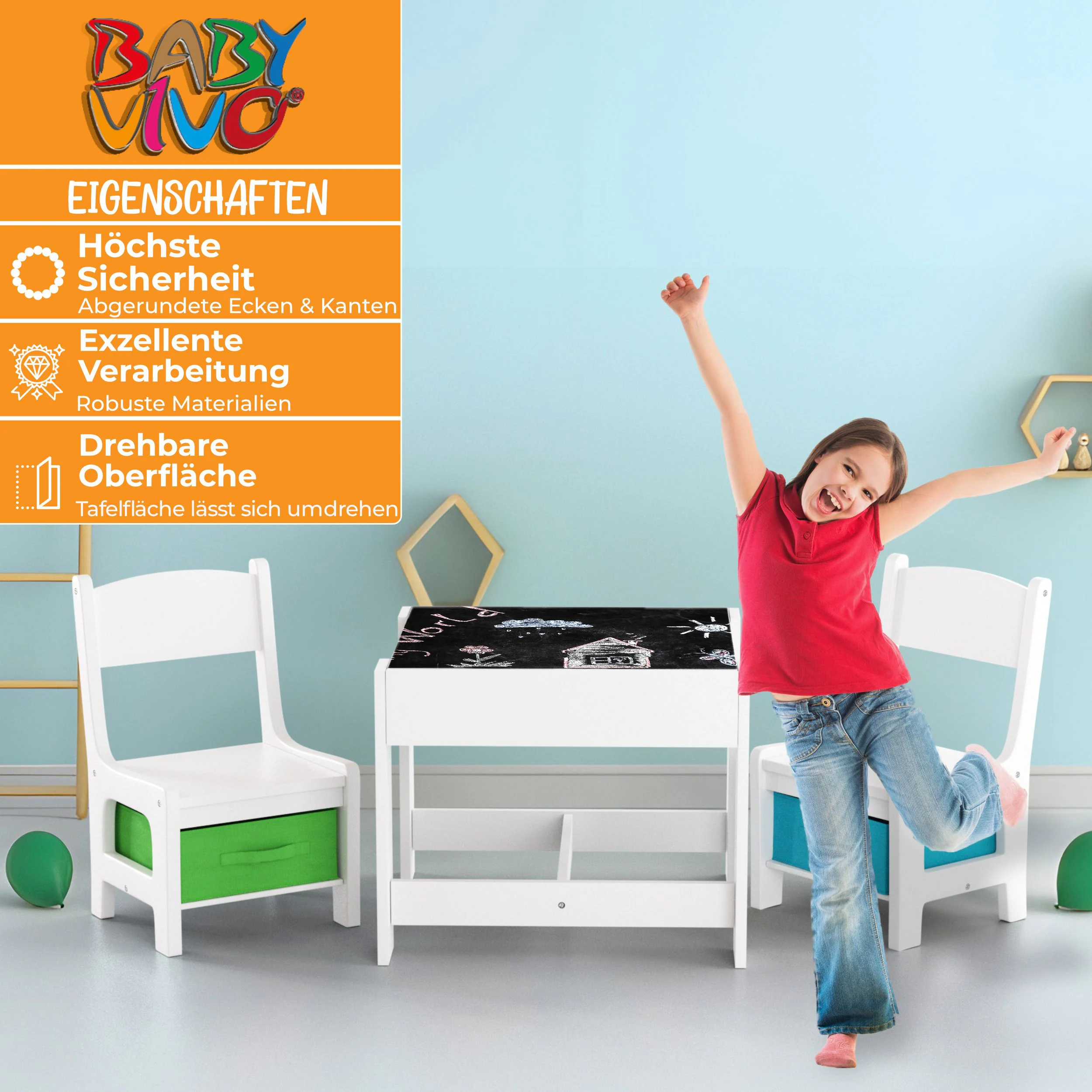 Baby Vivo Kindersitzgruppe mit multifunktionalem Tisch und 2 Stühlen aus Holz - Max