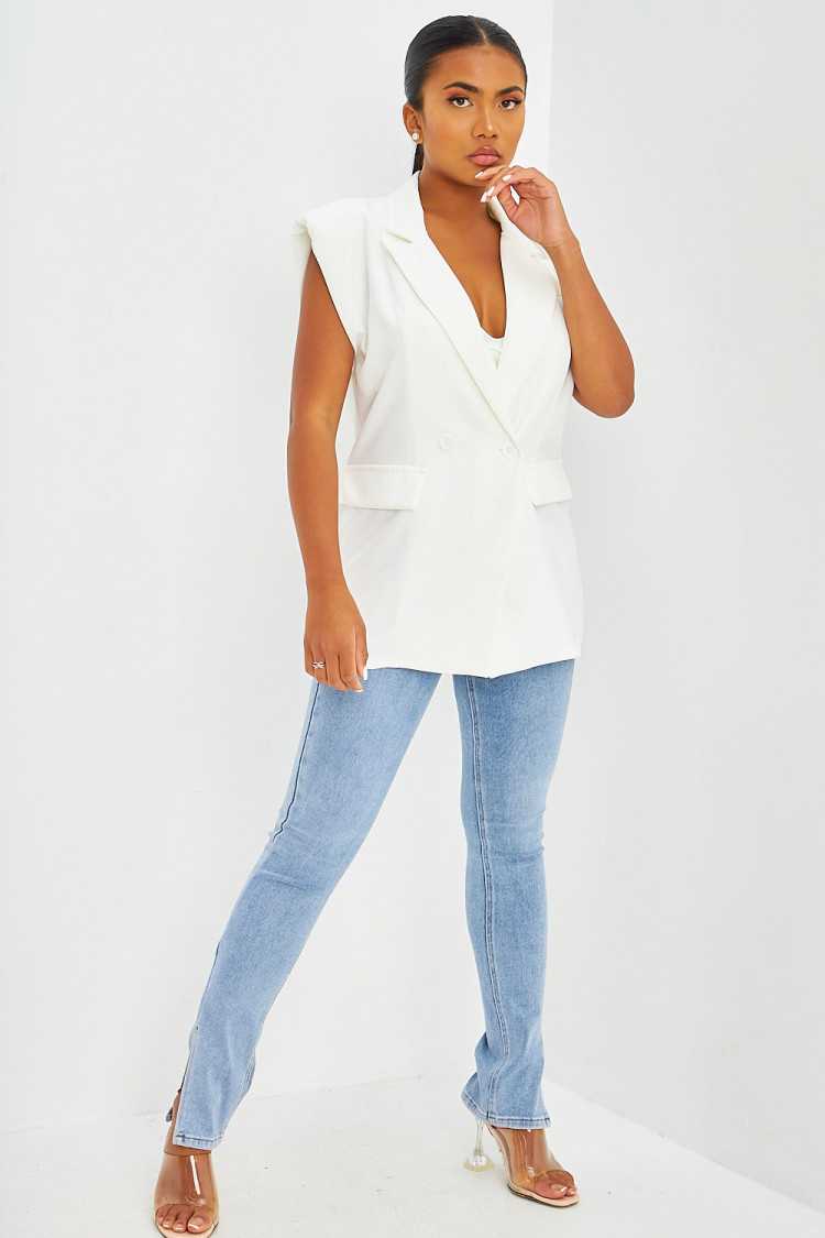 Blazer long à épaulettes sans manches blanc