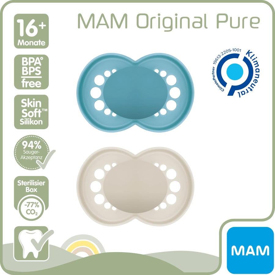MAM Schnuller Original Pure Silikon, 2 Stk., blaubeige, 16+ Monate