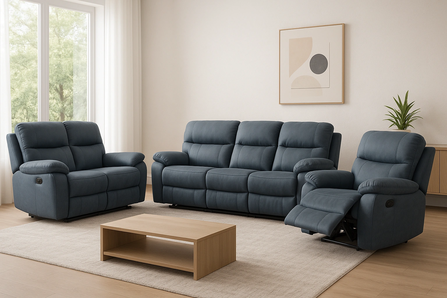 Ensemble de canapés, 1 canapé 3 places  1 canapé 2 places  1 fauteuil inclinable électrique, gris bleu foncé, cuir synthétique, pour salon, style moderne minimaliste, 200×90×100 cm - gZHeLDKsi5Ji