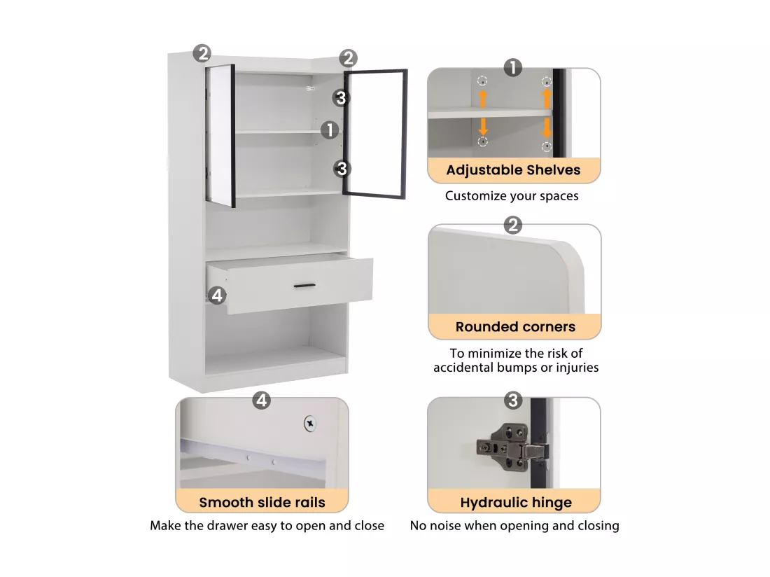 URBAN MEUBLE Vitrine blanc étagères 1 grand tiroir 2 portes en verre avec LED 80*35*153.5cm