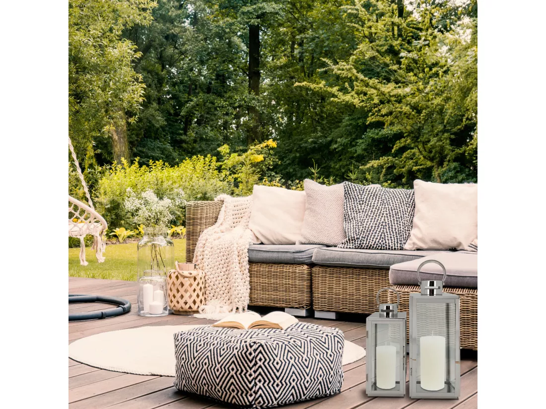 Lot de 2 Lanternes en Acier Pvc Gris Argenté pour Intérieur Extérieur