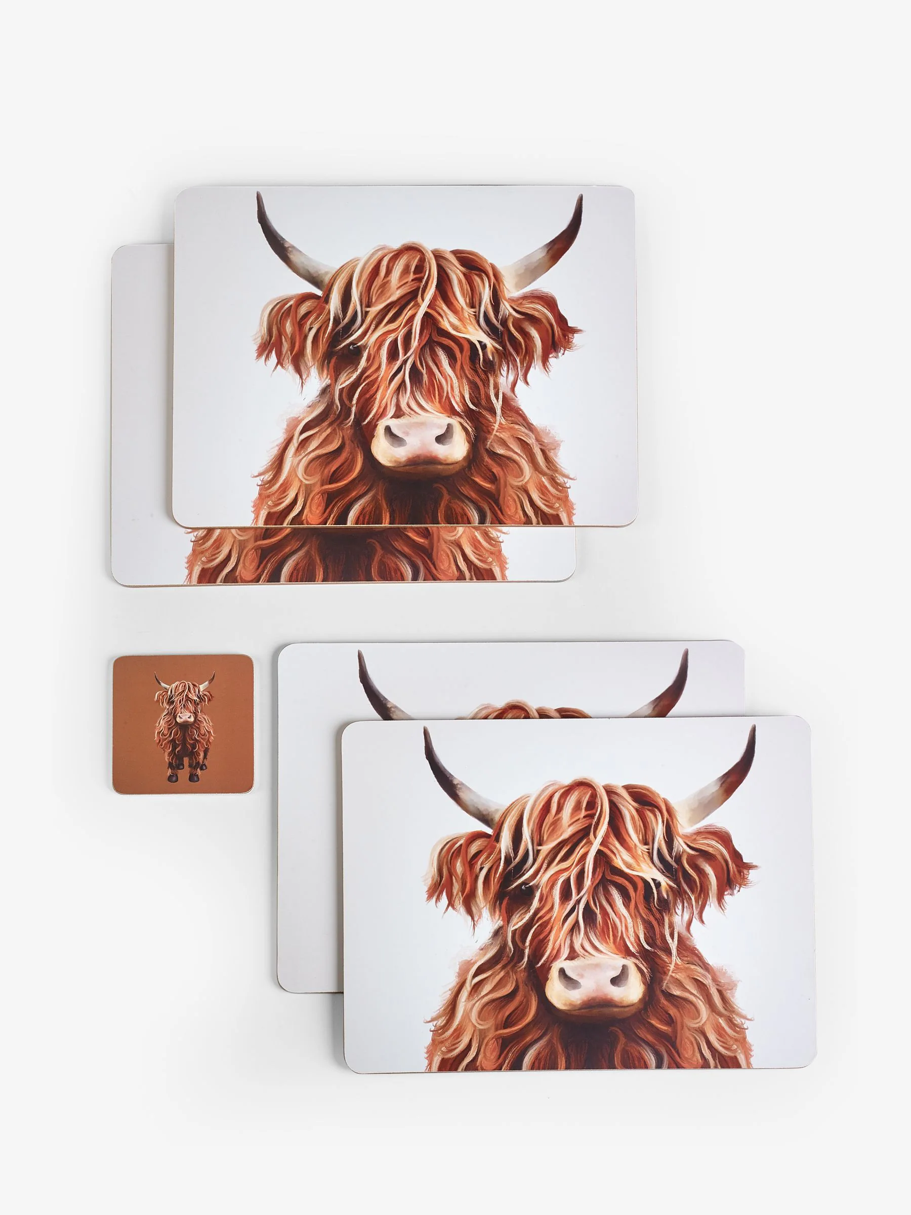 Set van 4 Hamish The Highland Cow placemats en onderzetters met kurken achterkant
