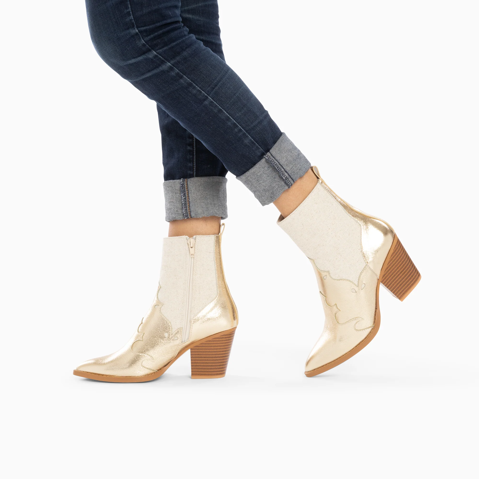 Bottines-Bottines santiags Kelsey bi-matière beige et or